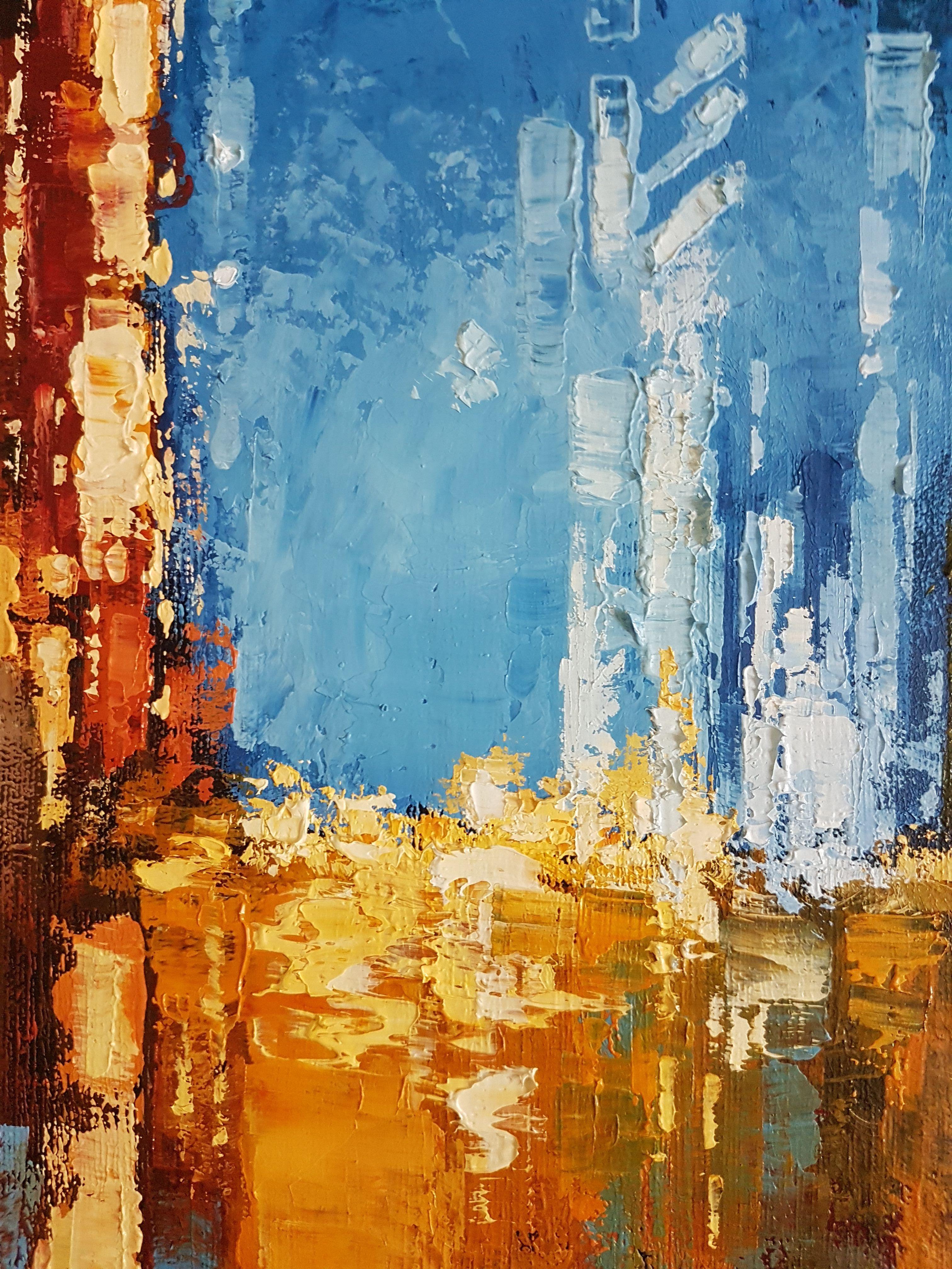 Lights urbaines, peinture, huile sur toile - Expressionnisme abstrait Painting par Olga Mihailicenko