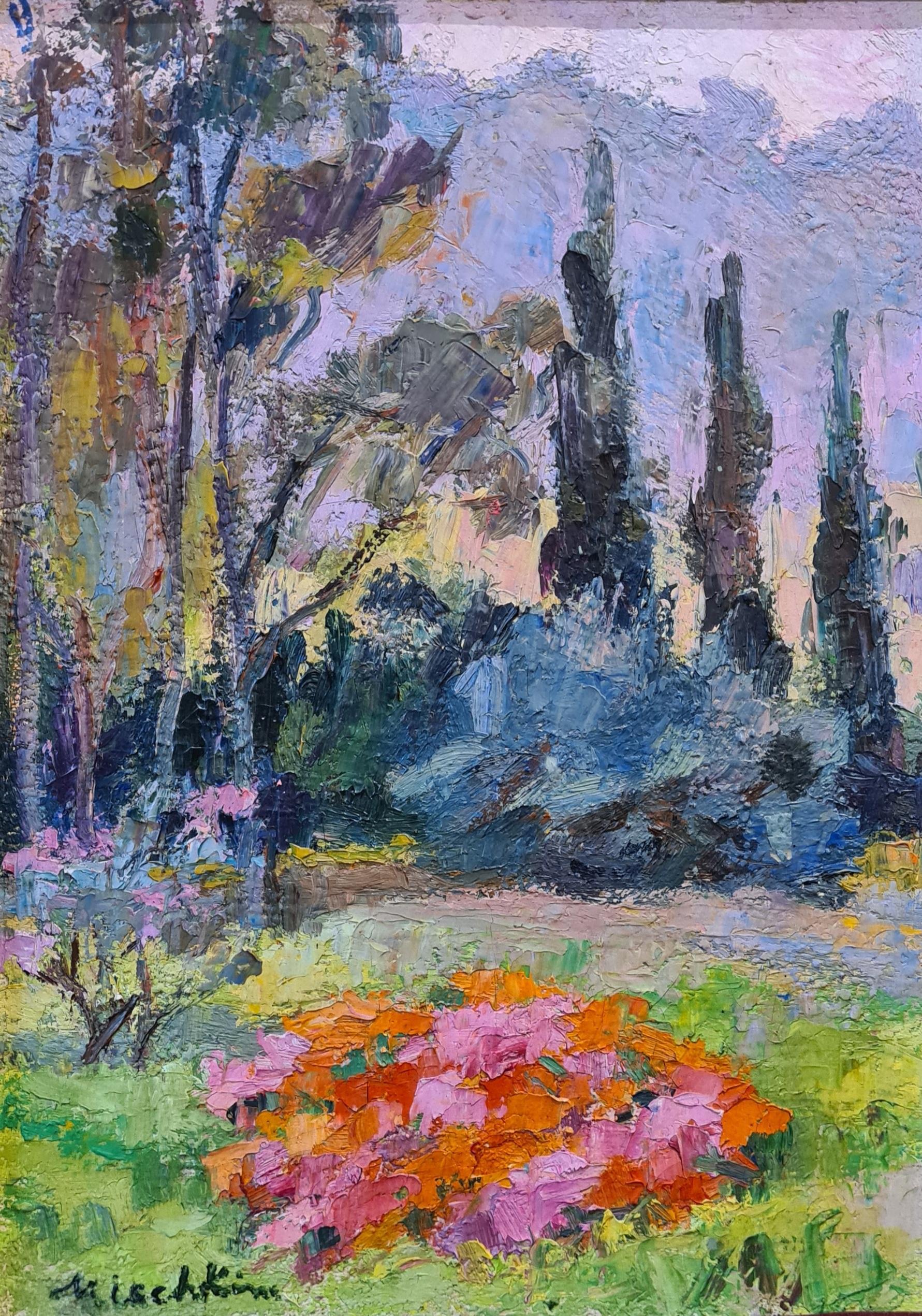 Les Rhododendrons, scène de jardin française colorée du milieu du 20e siècle - Painting de Olga Mischkine