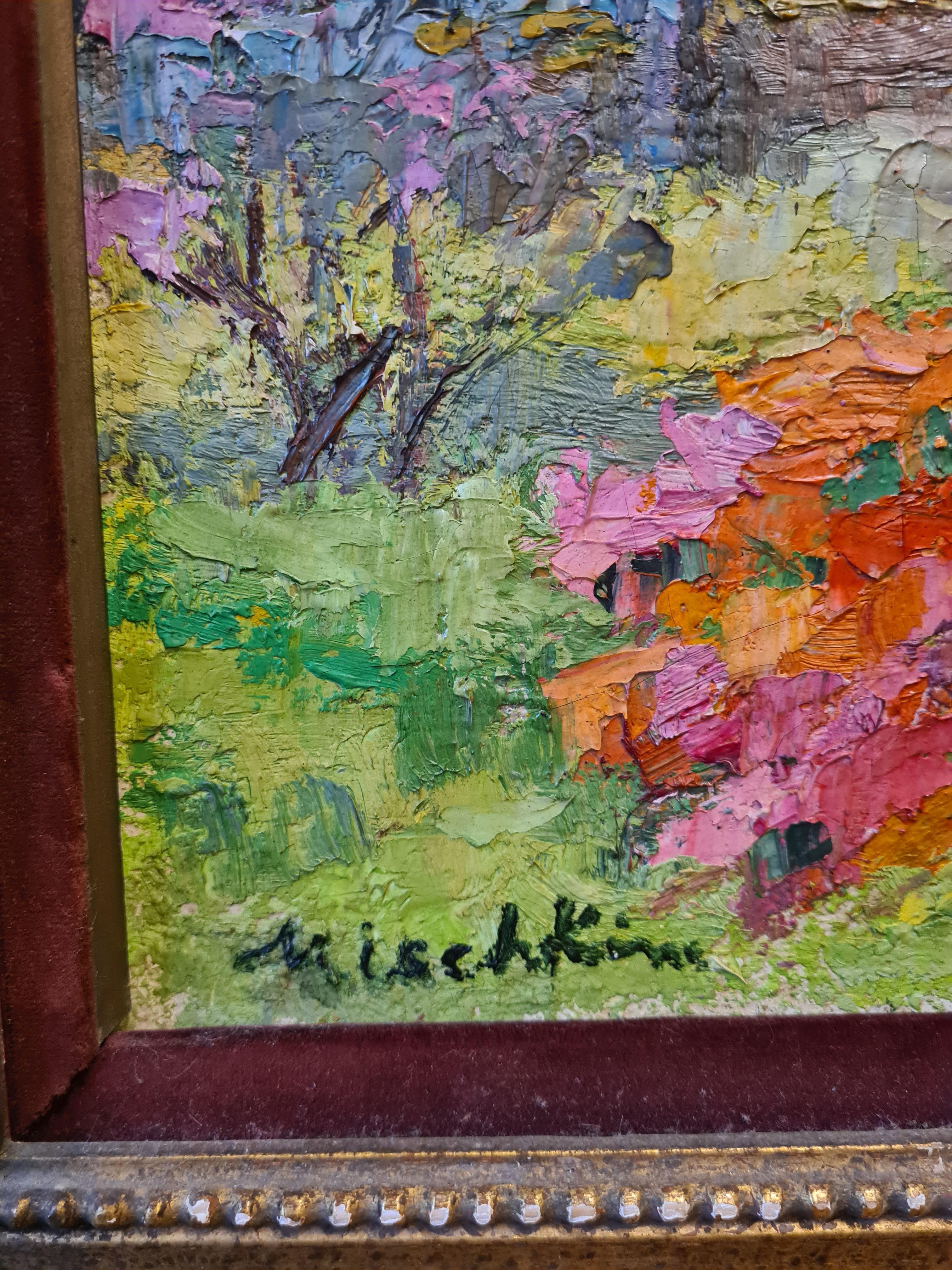 Les Rhododendrons, scène de jardin française colorée du milieu du 20e siècle - Impressionnisme Painting par Olga Mischkine