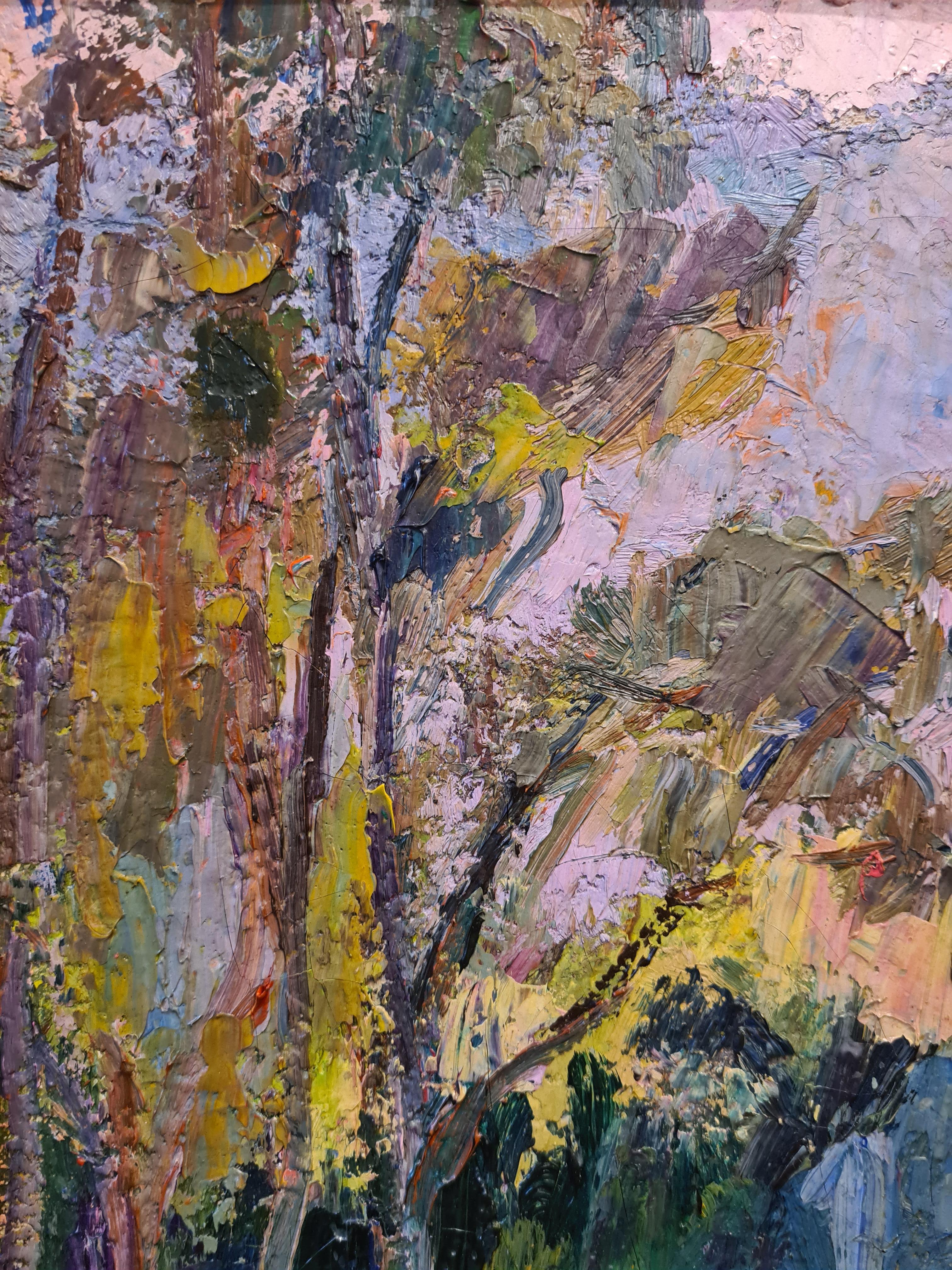 Huile sur toile du milieu du XXe siècle représentant un jardin et des arbres au-delà, par l'artiste française Olga Mischkine. Le tableau est signé en bas à gauche et présenté dans un beau cadre sculpté et doré avec un étui en velours. Il y a une