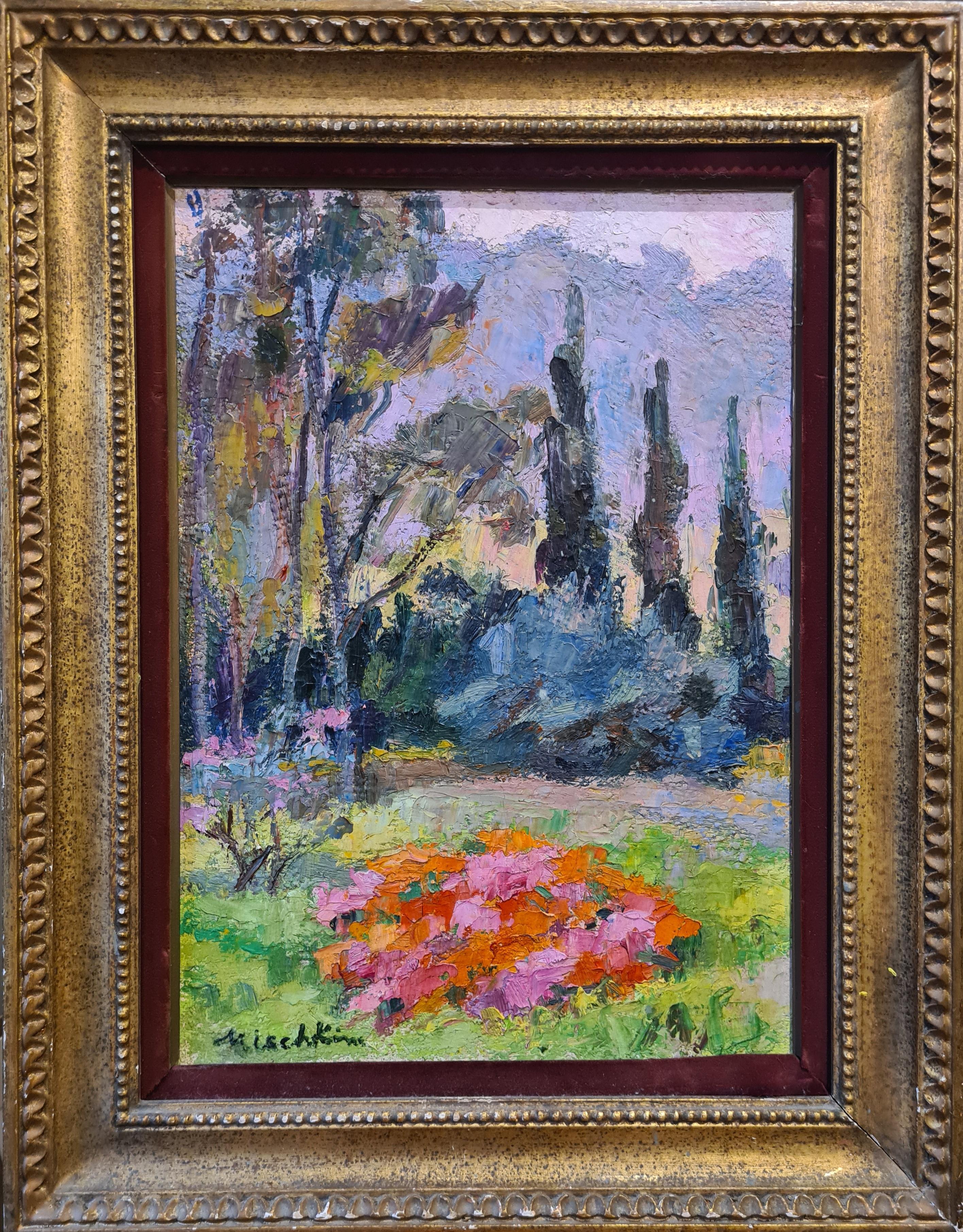 Landscape Painting Olga Mischkine - Les Rhododendrons, scène de jardin française colorée du milieu du 20e siècle