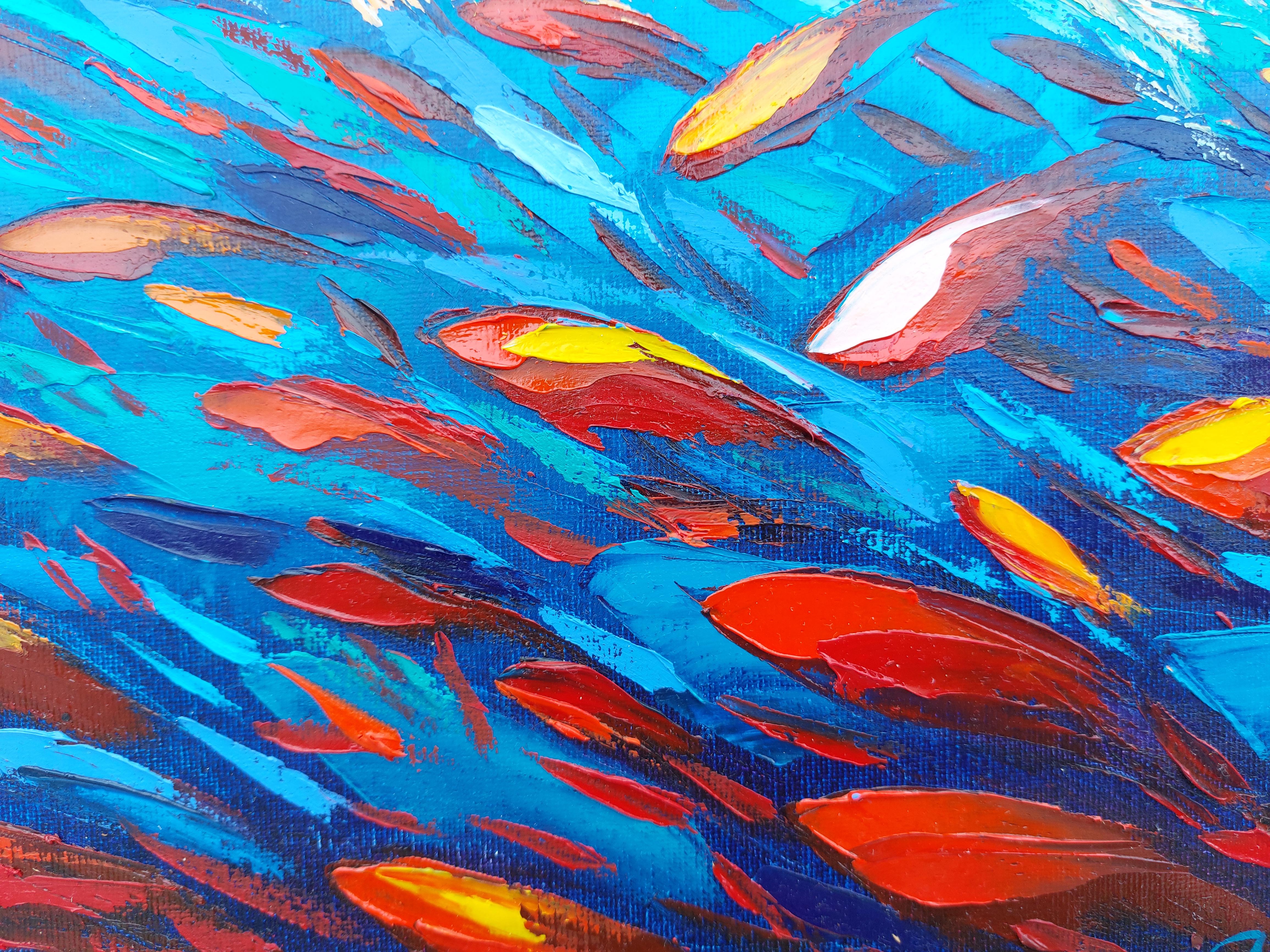 Pesce astratto in acqua solare Pittura ad Impasto - Abstract Painting Blu di Olga Nikitina