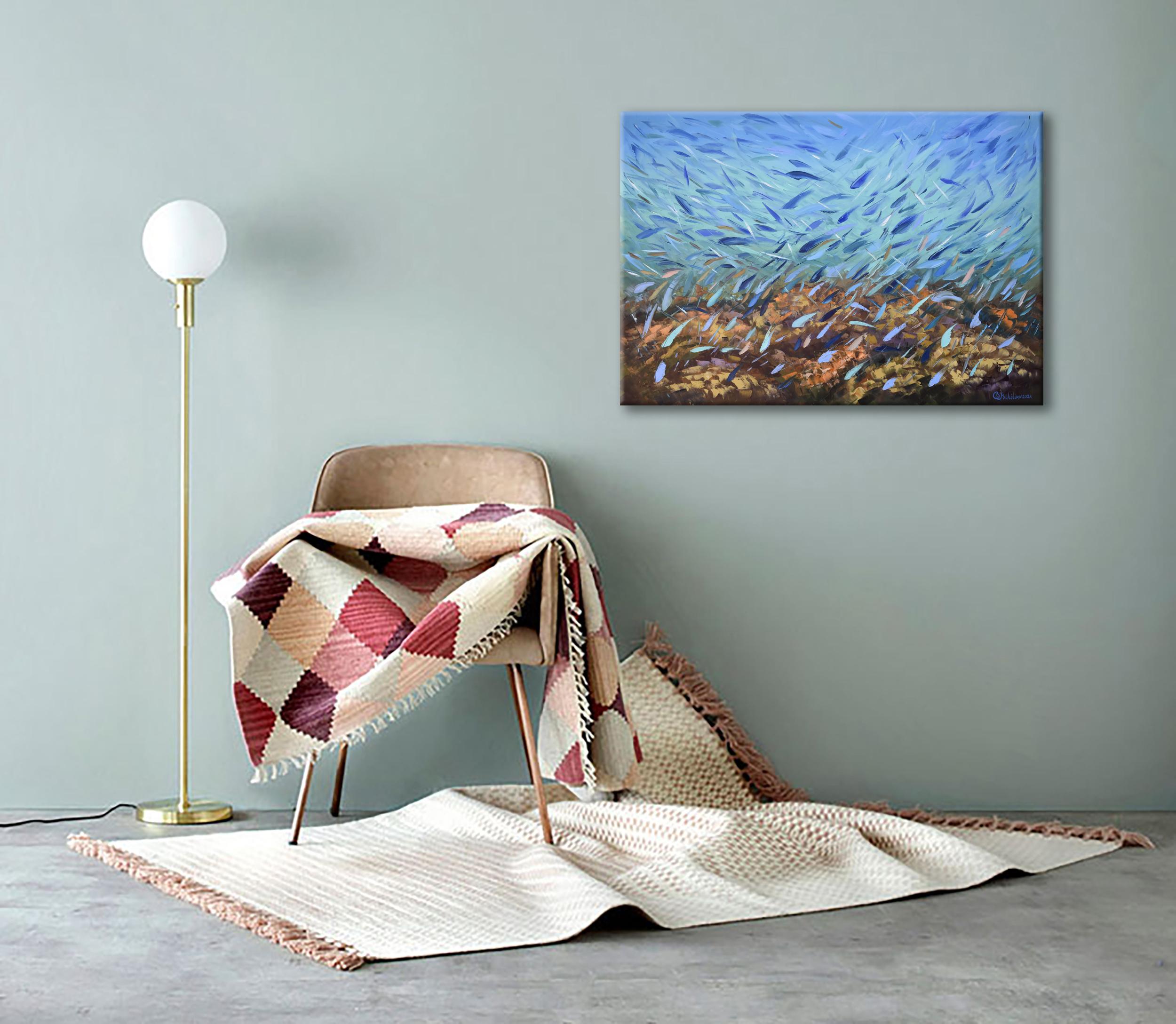 Pittura astratta di pesce Pittura della barriera corallina Impasto di pittura Tavolozza a coltello Arte - Animal Painting Blu di Olga Nikitina