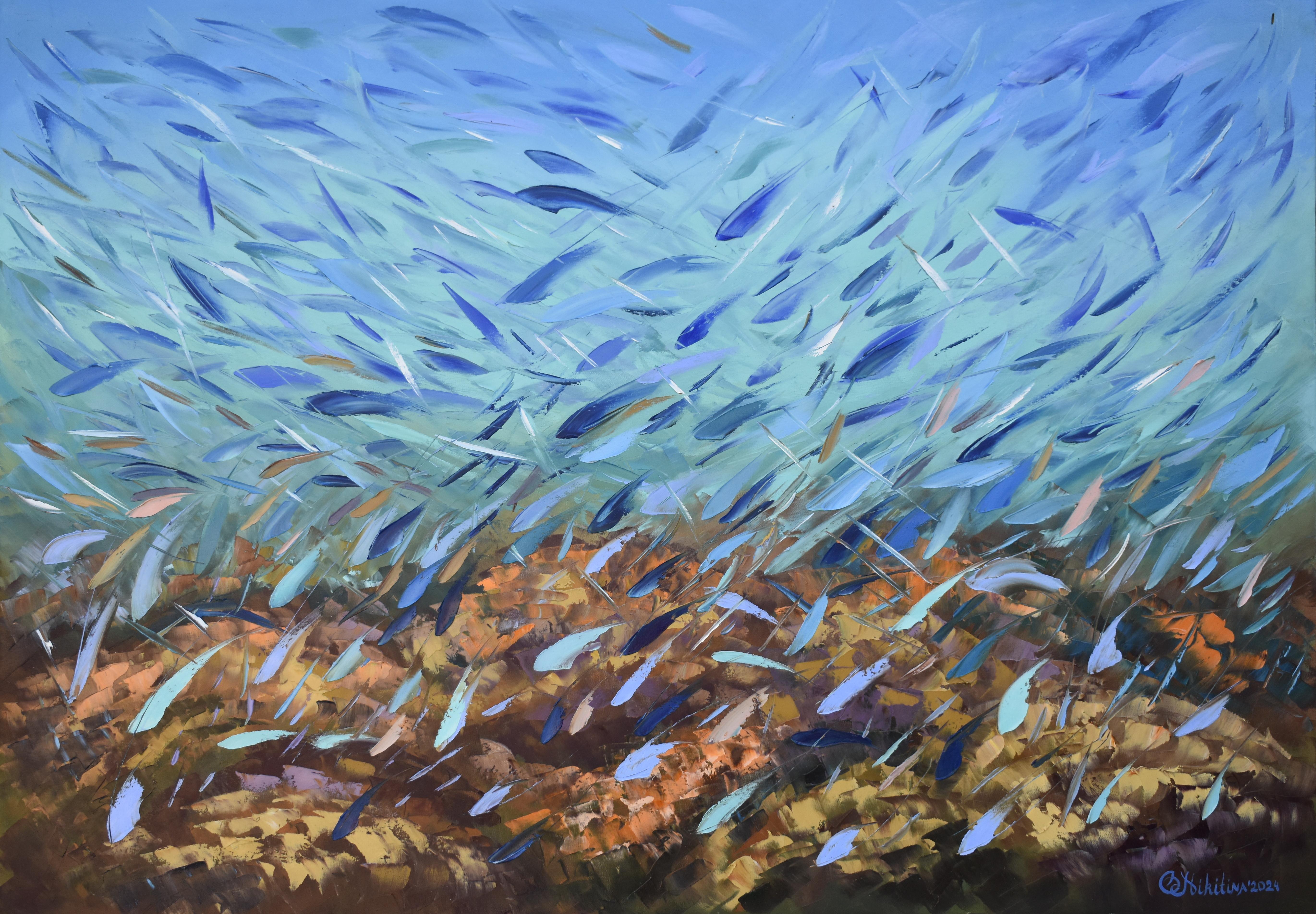 Animal Painting di Olga Nikitina - Pittura astratta di pesce Pittura della barriera corallina Impasto di pittura Tavolozza a coltello Arte