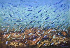 Pittura astratta di pesce Pittura della barriera corallina Impasto di pittura Tavolozza a coltello Arte