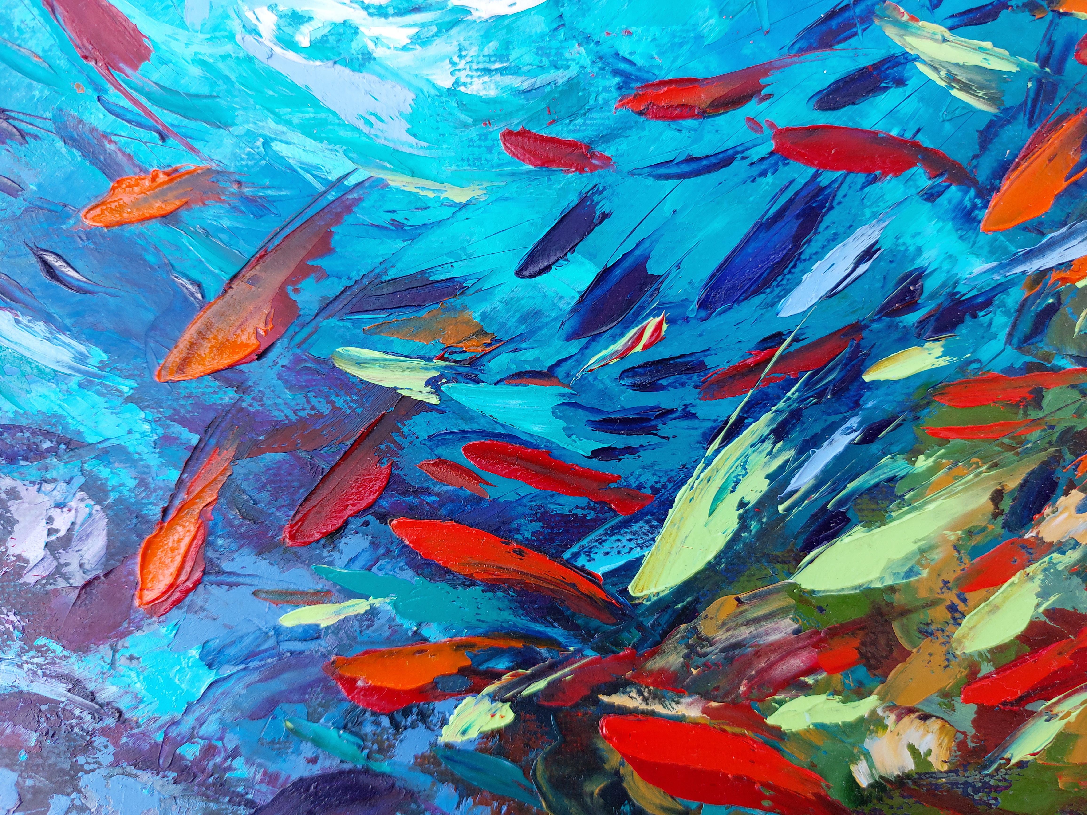 Pintura Submarina Abstracta Pez Arrecife de Coral Arte de Pared Original Impasto - Painting de Olga Nikitina