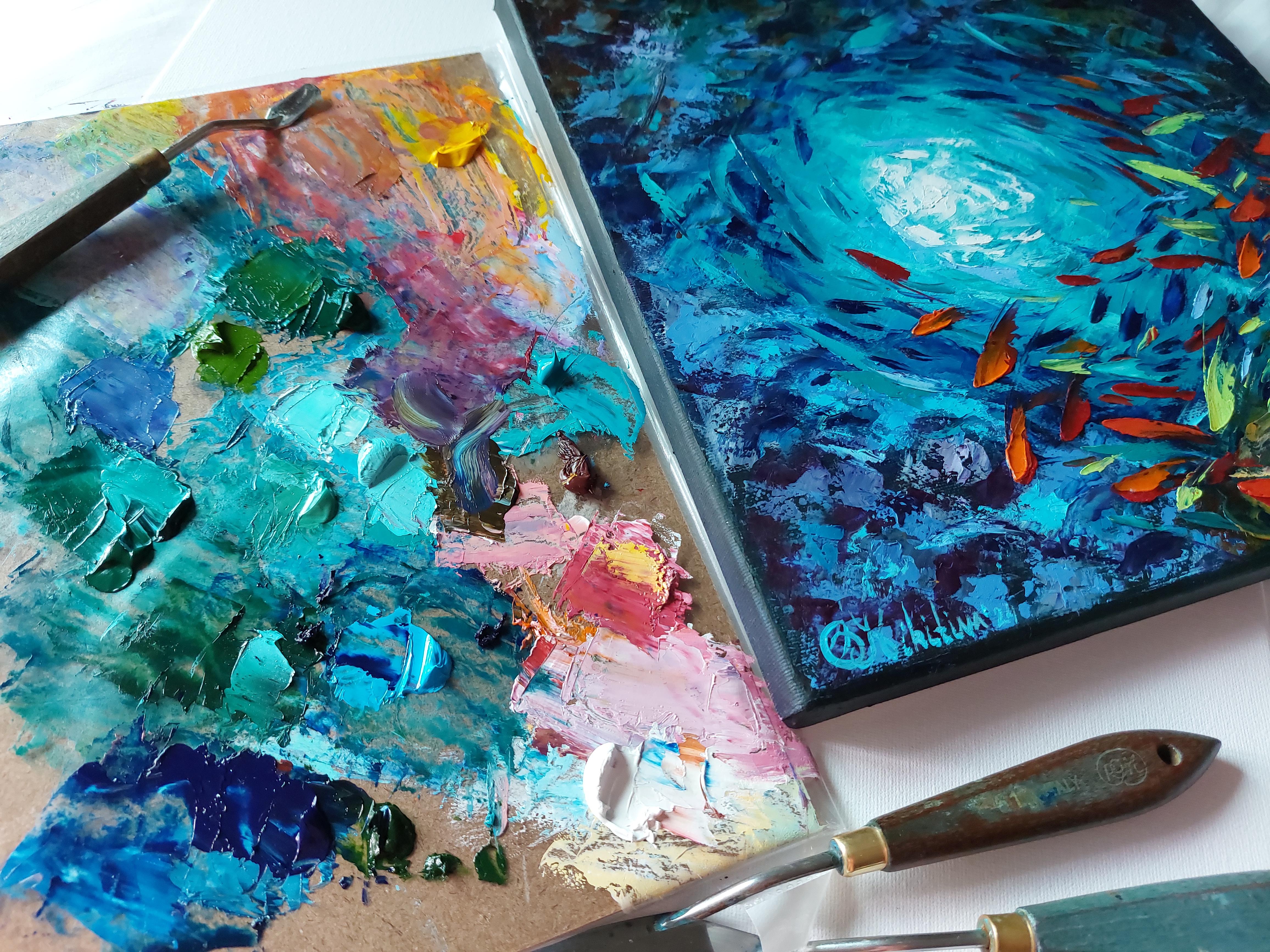 Pintura Submarina Abstracta Pez Arrecife de Coral Arte de Pared Original Impasto en venta 1