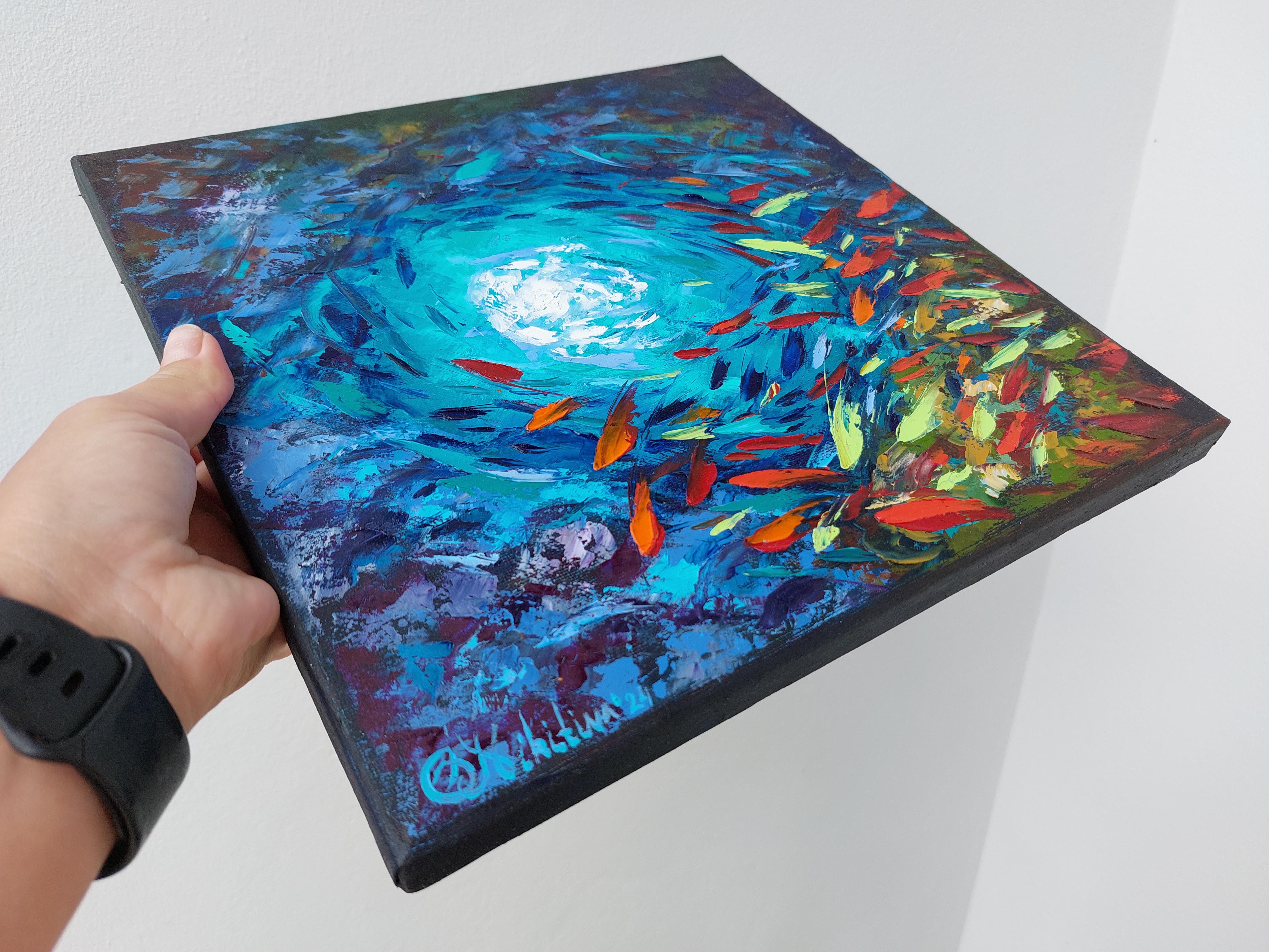 Pintura Submarina Abstracta Pez Arrecife de Coral Arte de Pared Original Impasto en venta 2