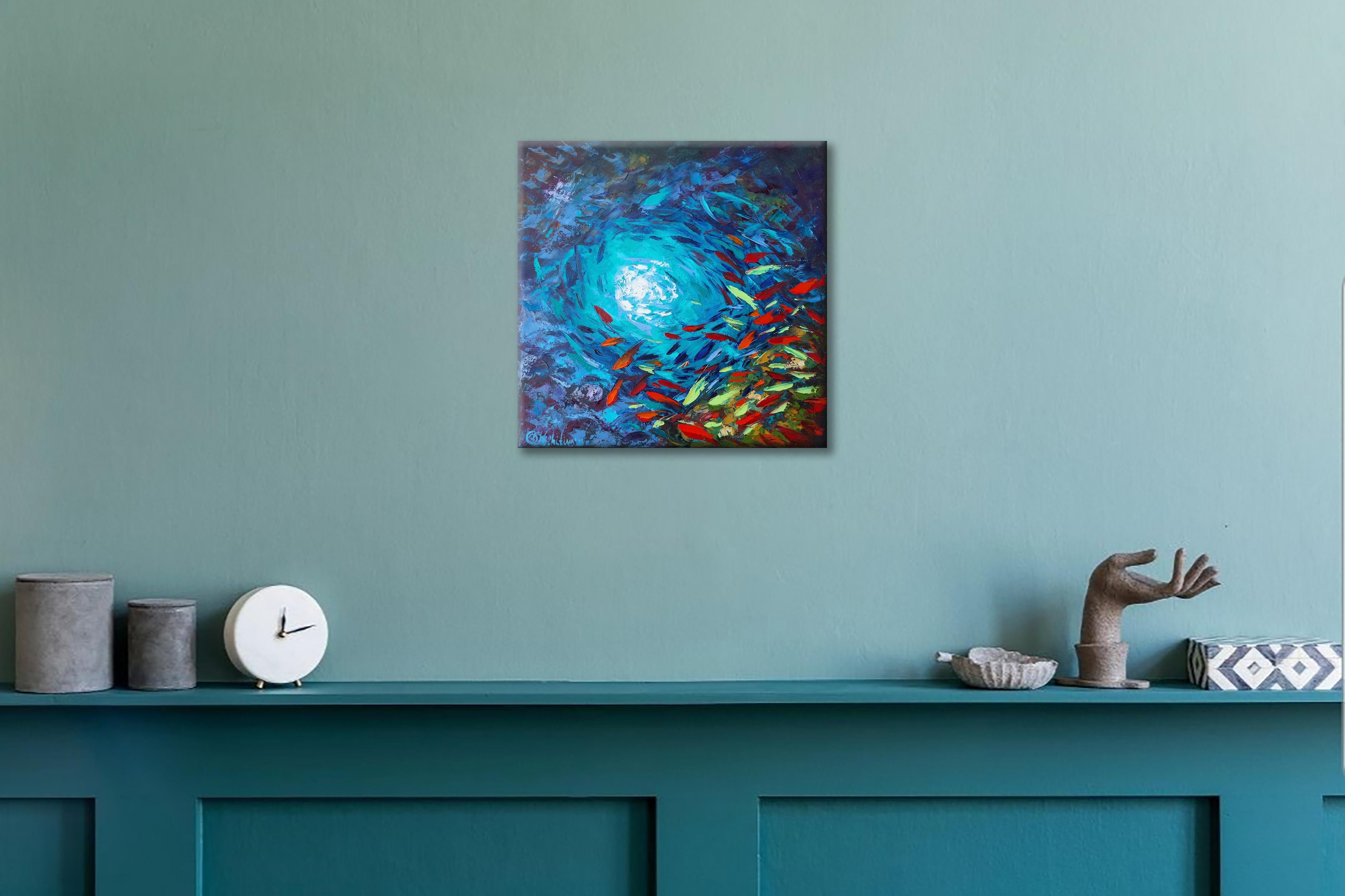 Abstraktes Unterwassergemälde Fisch Koralle Riff Wandkunst Original Impasto Original Impasto im Angebot 3