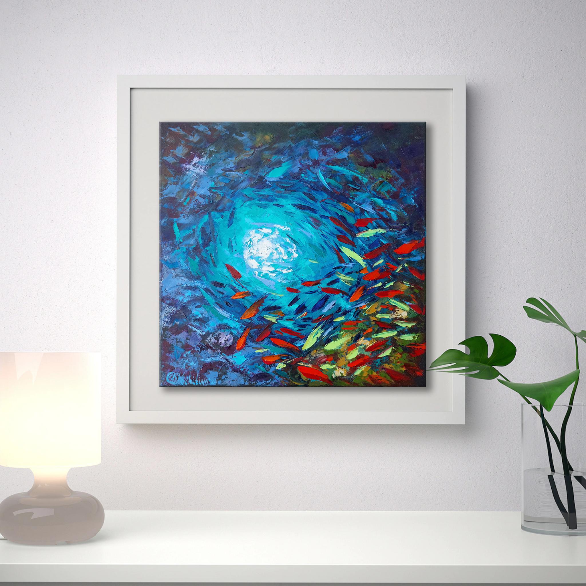 Abstraktes Unterwassergemälde Fisch Koralle Riff Wandkunst Original Impasto Original Impasto im Angebot 4
