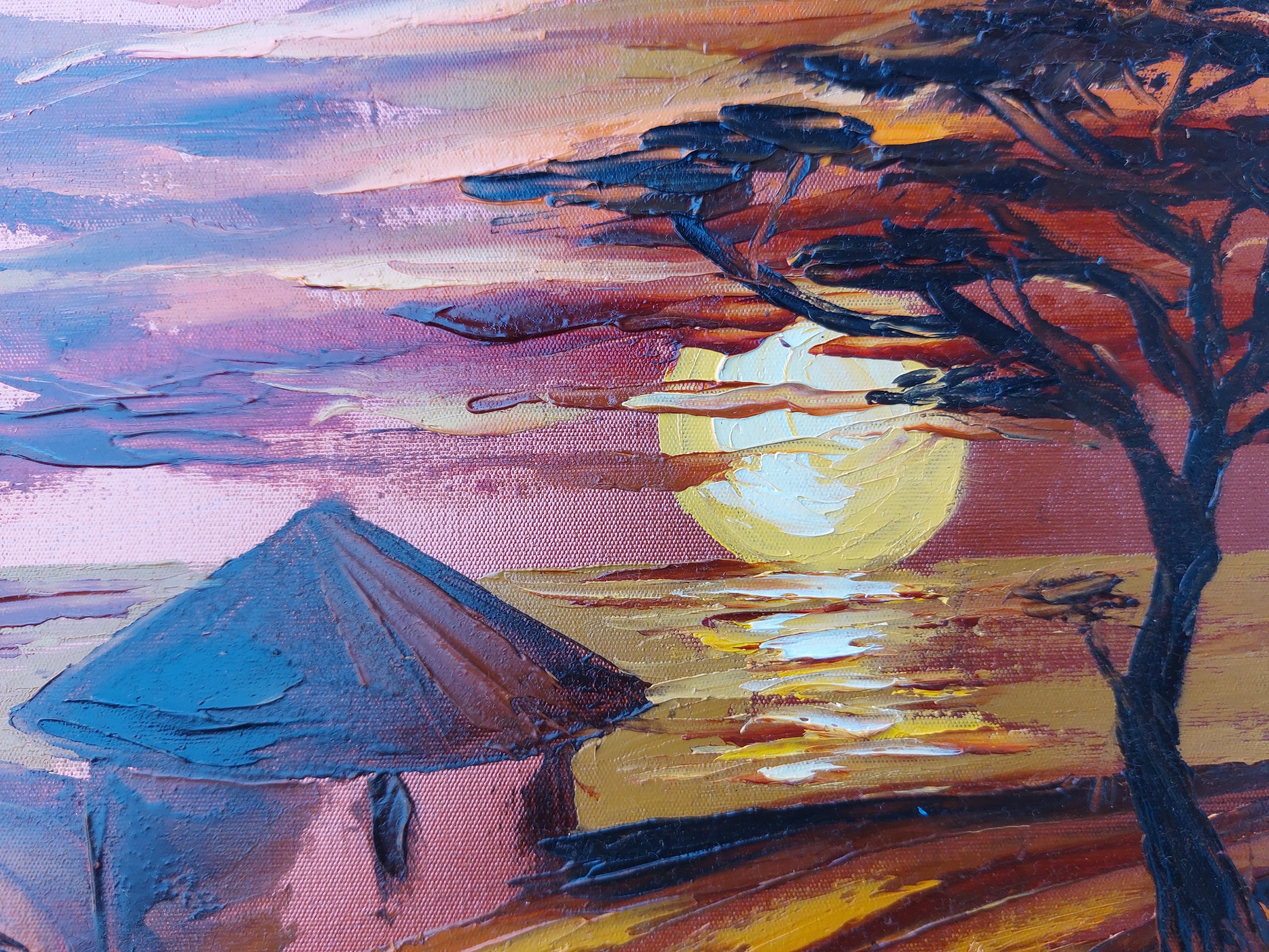 Casa de la Tribu Africana Pintura África Paisaje Arte Original África Puesta de Sol - Painting de Olga Nikitina
