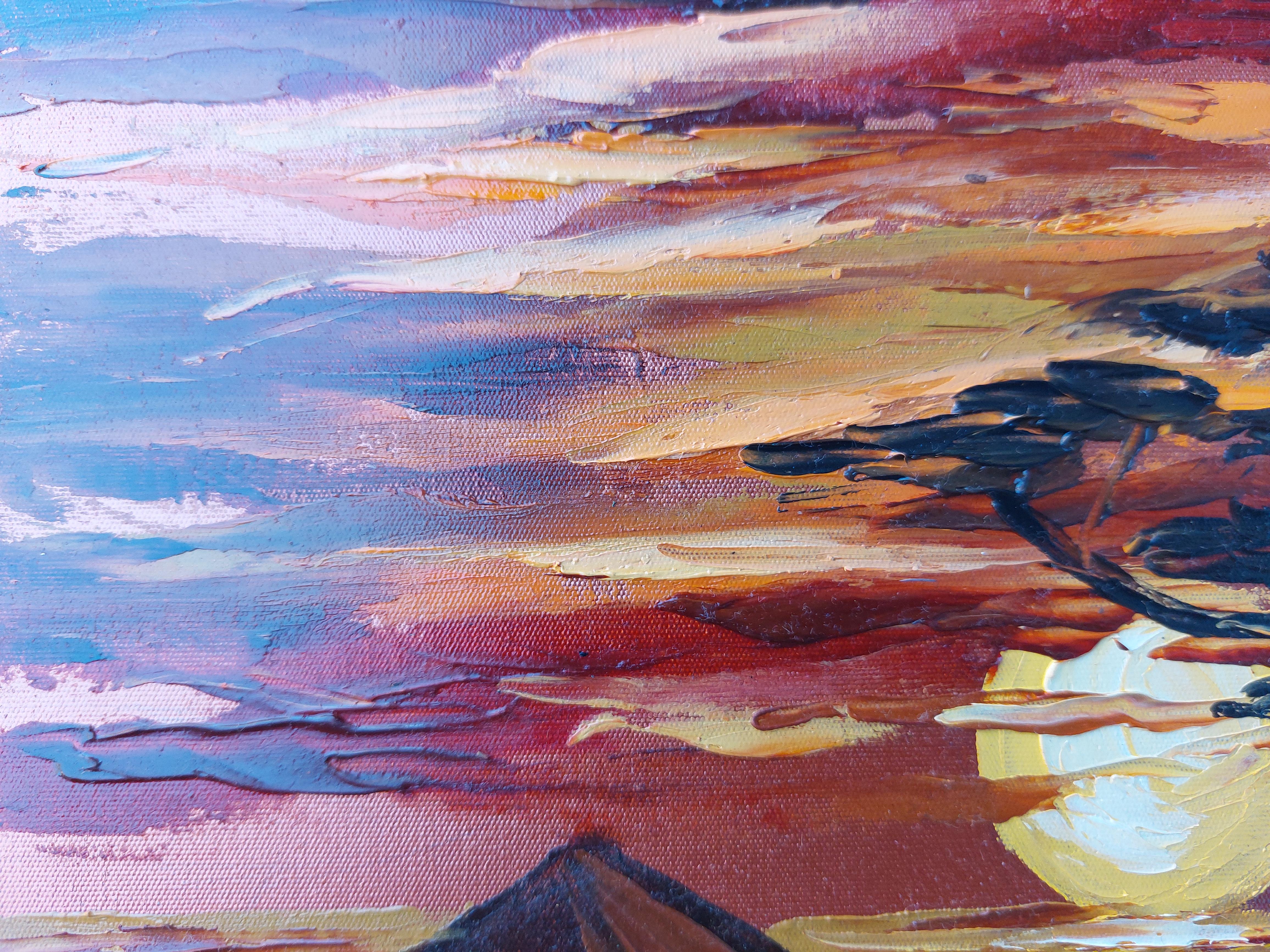 Casa de la Tribu Africana Pintura África Paisaje Arte Original África Puesta de Sol - Painting Realista de Olga Nikitina