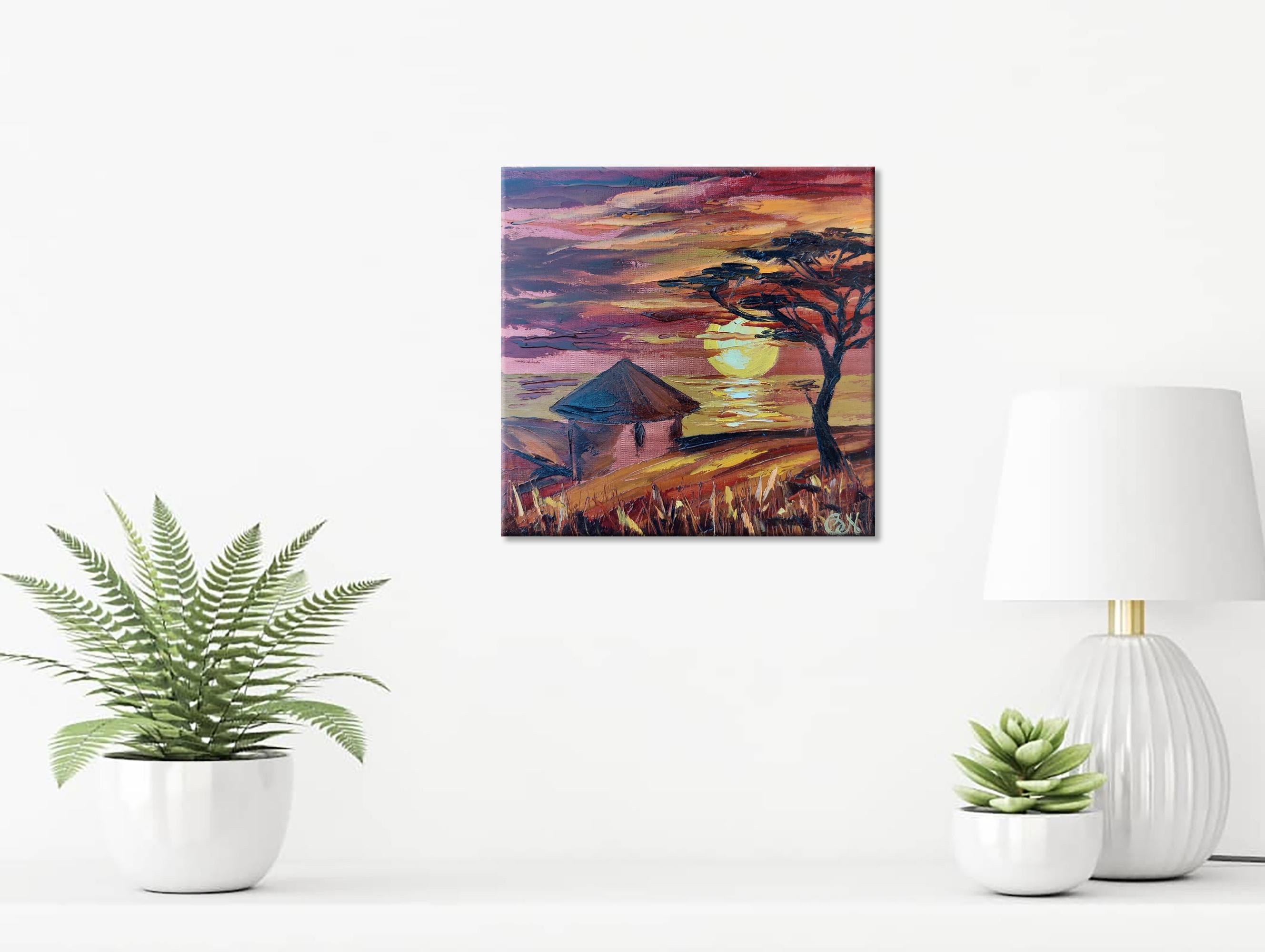 African Tribe House Painting Africa Landscape Original Art Africa Sunset Oil Painting Palette Knife Art by OlgaNikitinArt 8 by 8