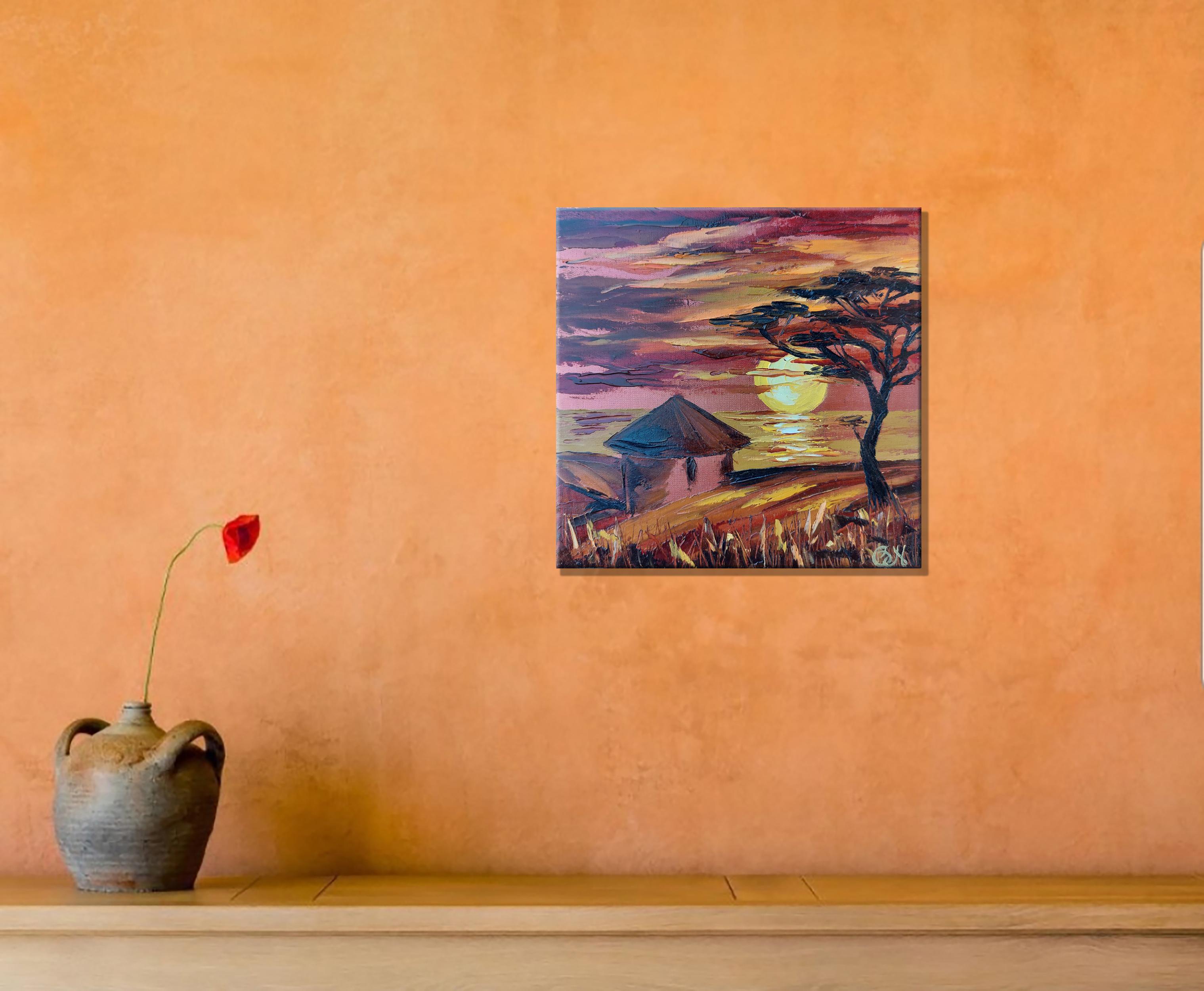 Casa de la Tribu Africana Pintura África Paisaje Arte Original África Puesta de Sol 1