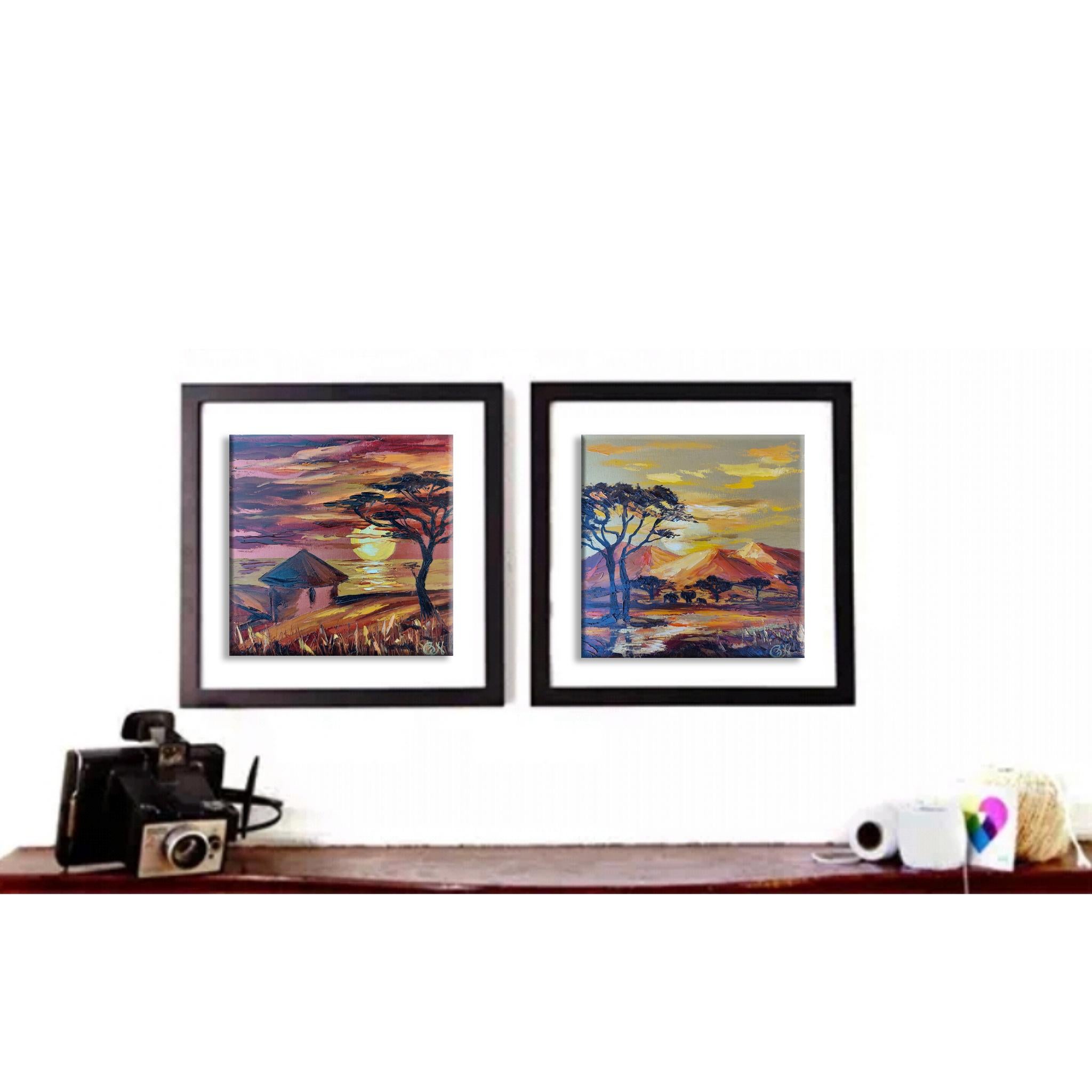 Casa de la Tribu Africana Pintura África Paisaje Arte Original África Puesta de Sol 2