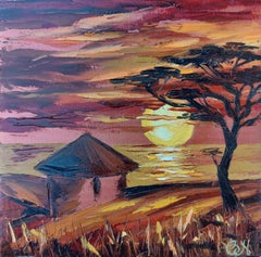 Casa de la Tribu Africana Pintura África Paisaje Arte Original África Puesta de Sol