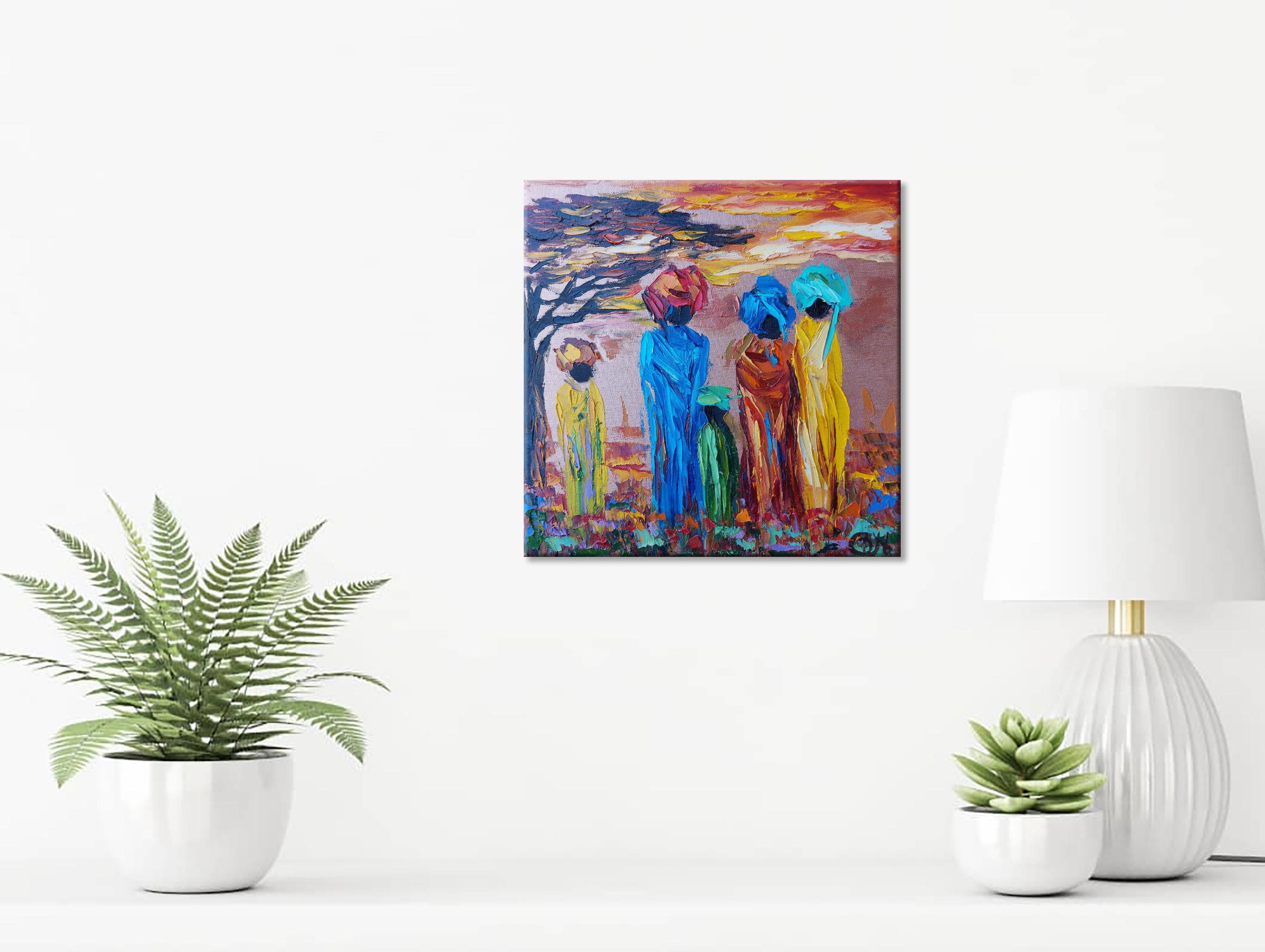 Pintura de aldea africana Paisaje de África Arte original Pintura al óleo de África Arte de paleta de OlgaNikitinArt 8 por 8