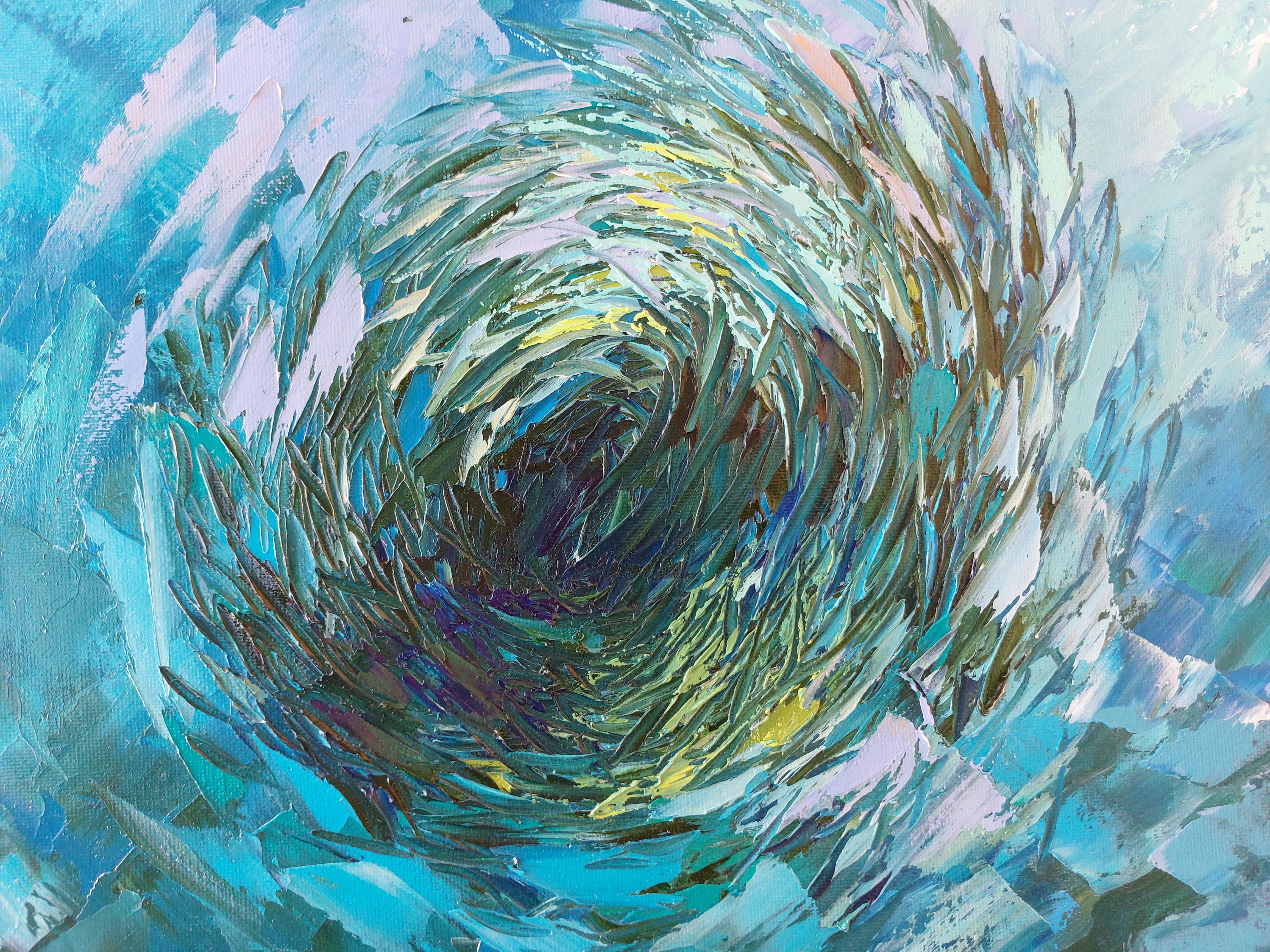 Bait Ball Sardines Pittura ad olio Arte subacquea impressionista - Painting Impressionismo di Olga Nikitina
