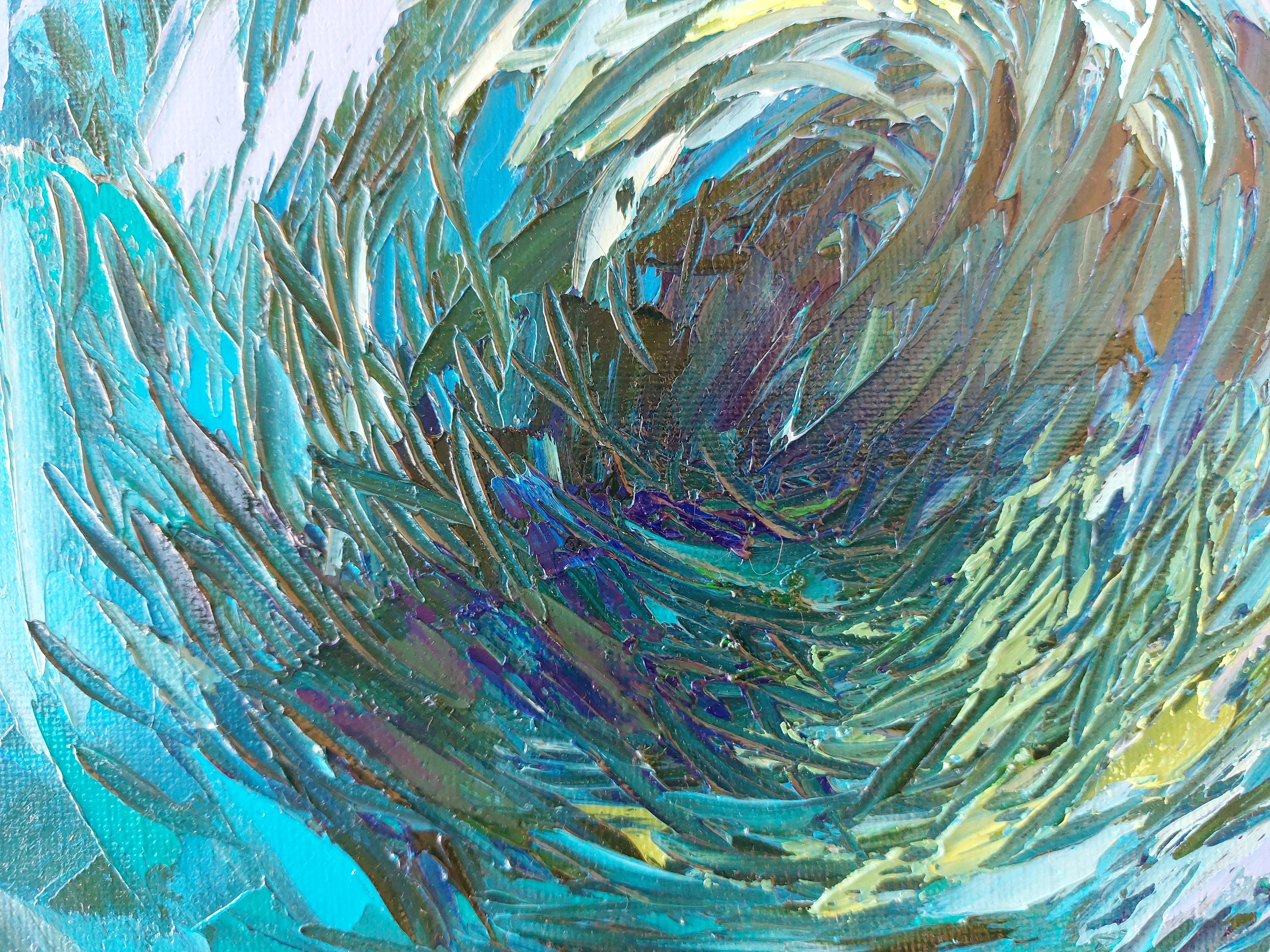 Bait Ball Sardines Pittura ad olio Arte subacquea impressionista - Interior Painting Blu di Olga Nikitina