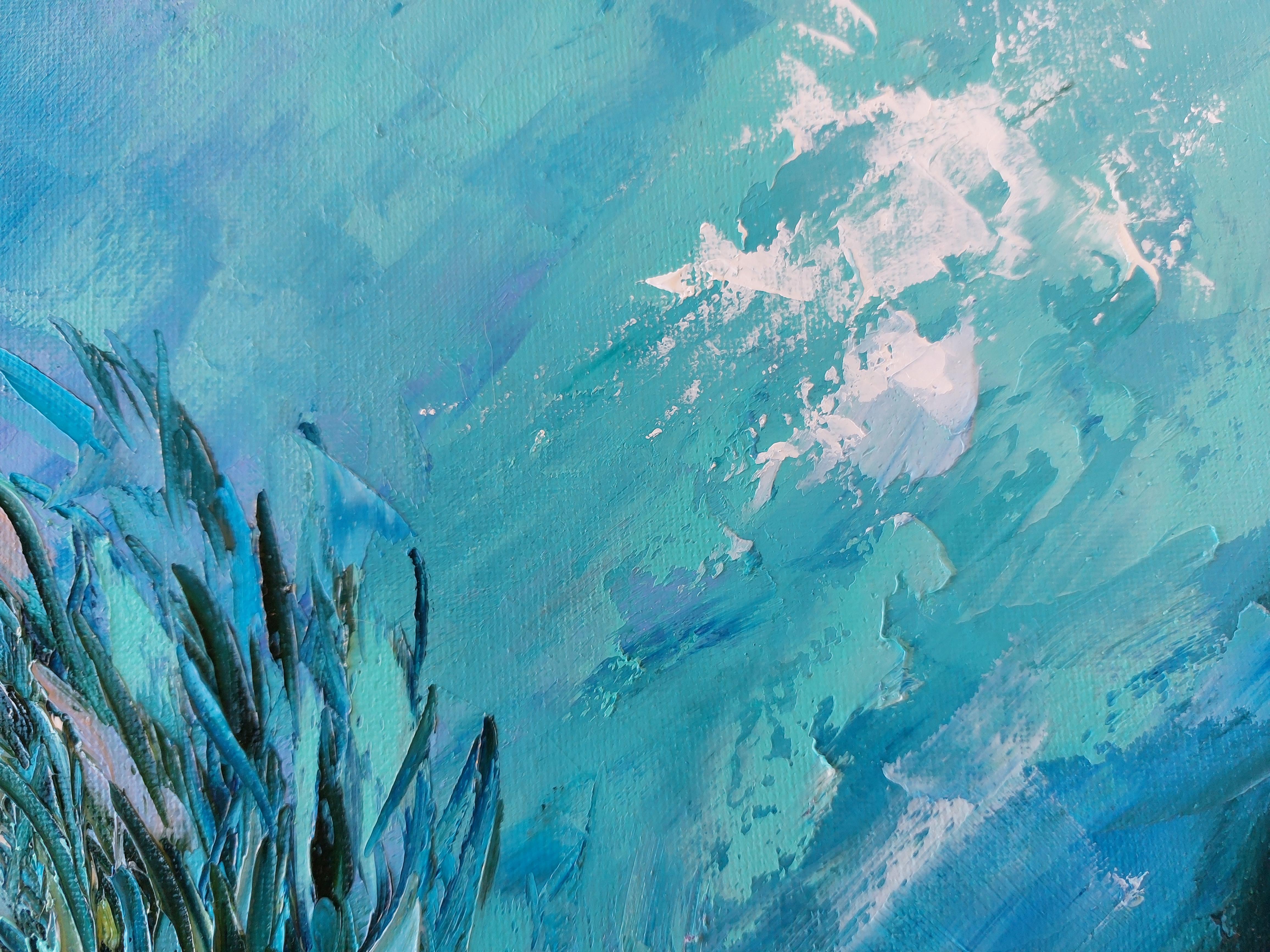 Bait Ball Sardines Pittura ad olio Arte subacquea impressionista in vendita 1