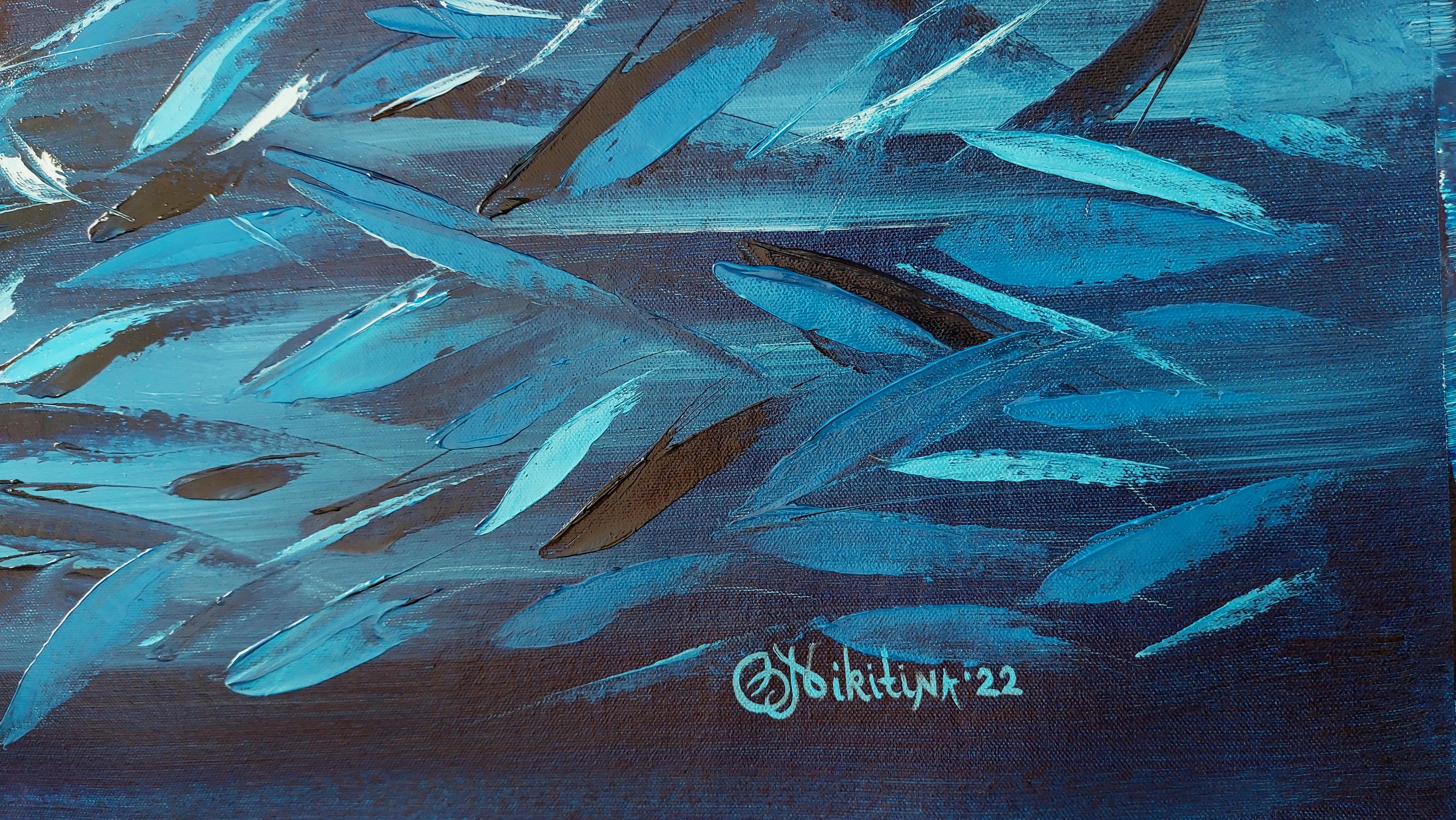 Blue Fish Stream Underwater Painting Sardines 100% original art by Olga Nikitina
5% from the cost I use for Charity to protect ocean environment.
* Title: Blue Fish
* Size: 50 by 28 inches, 127x72cm
* Materials: oil, unmounted canvas, palette