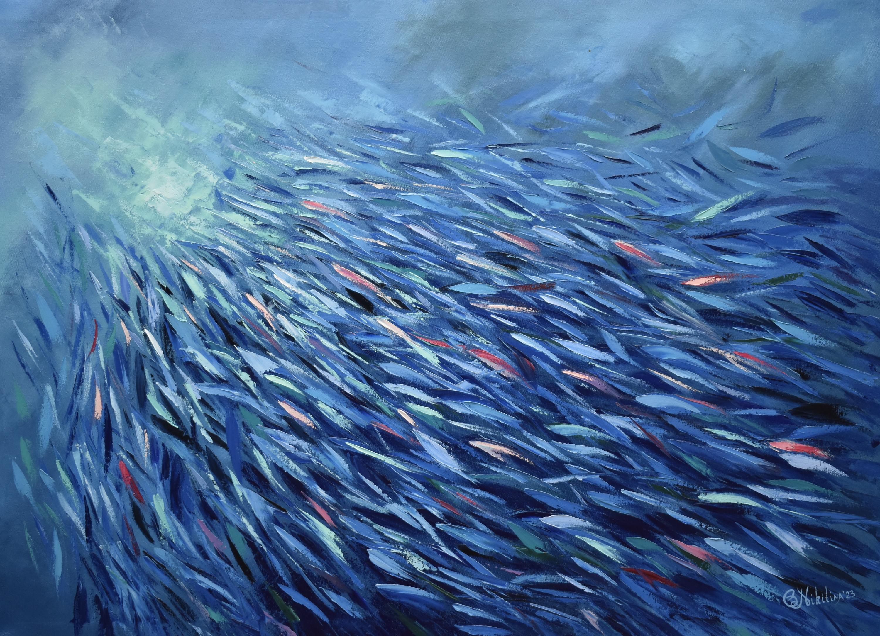 Blue Fish Sardines Painting Ocean Art Underwater World
Materials: rolled canvas, oil painting, palette knifes
Artist draw her inspiration from interaction with underwater world while scuba diving. 
School of Fish art are invisible in the shadow and