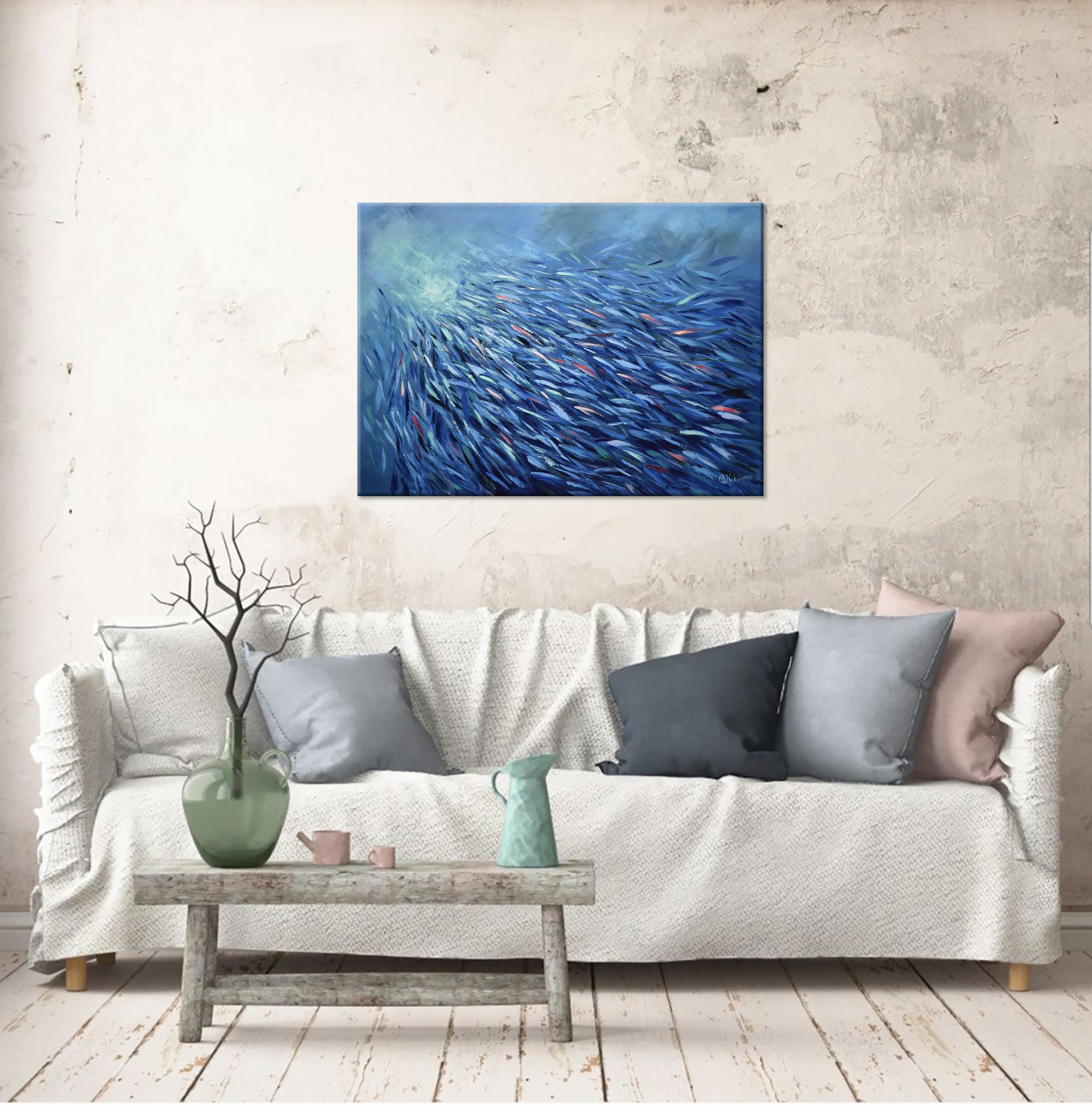 Blue Fish Sardines Painting Ocean Art Underwater World For Sale 2