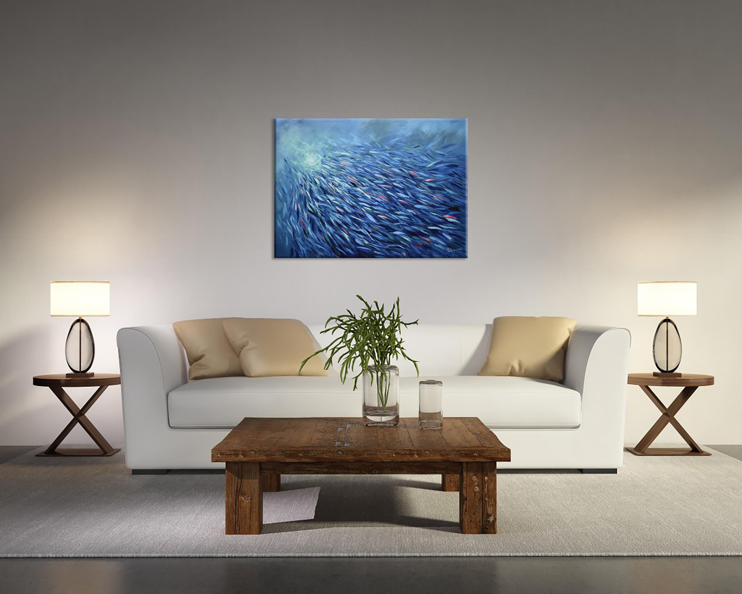 Blue Fish Sardines Painting Ocean Art Underwater World For Sale 5