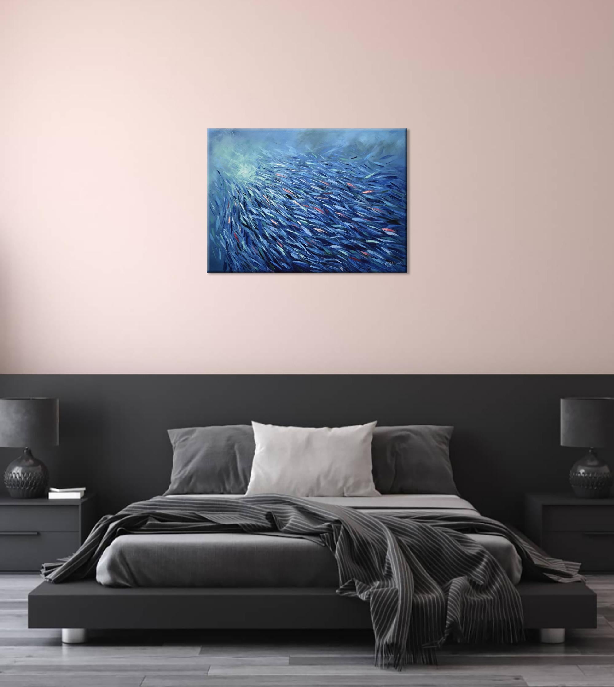 Blue Fish Sardines Painting Ocean Art Underwater World For Sale 6