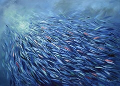 Used Blue Fish Sardines Painting Ocean Art Underwater World