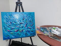 Blue Ocean Fish Motion Oil Painting Palette Knife Art