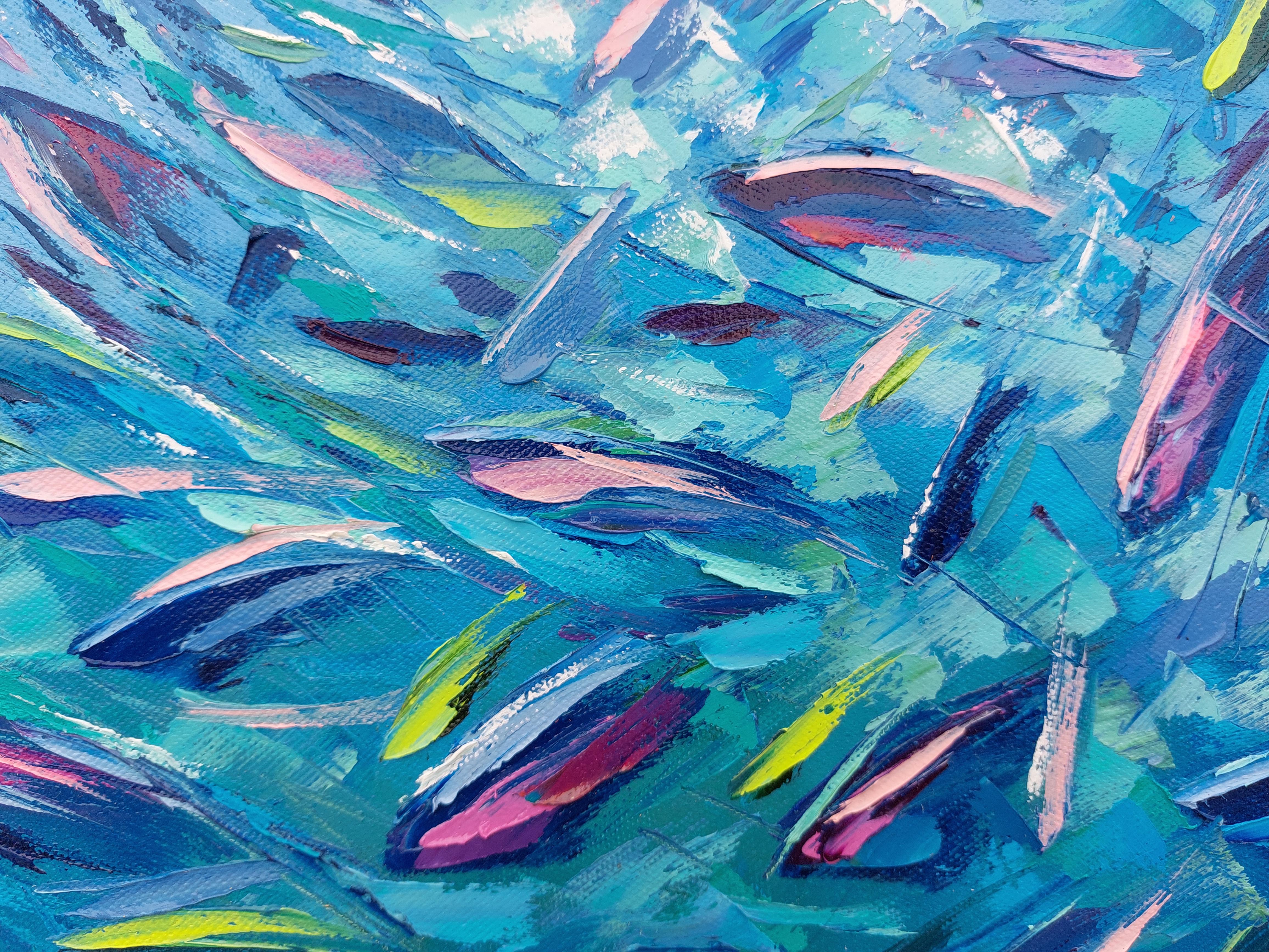 Pesce dell'Oceano Blu Movimento Pittura ad olio Tavolozza Coltello Arte 1