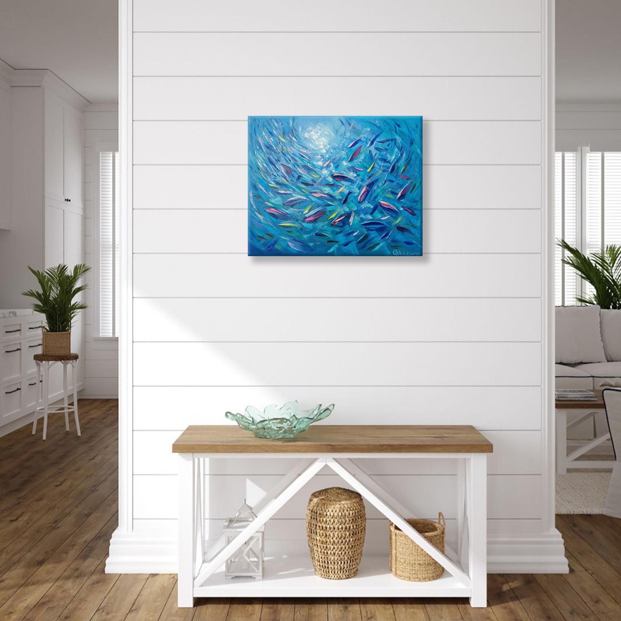 Pesce dell'Oceano Blu Movimento Pittura ad olio Tavolozza Coltello Arte 3