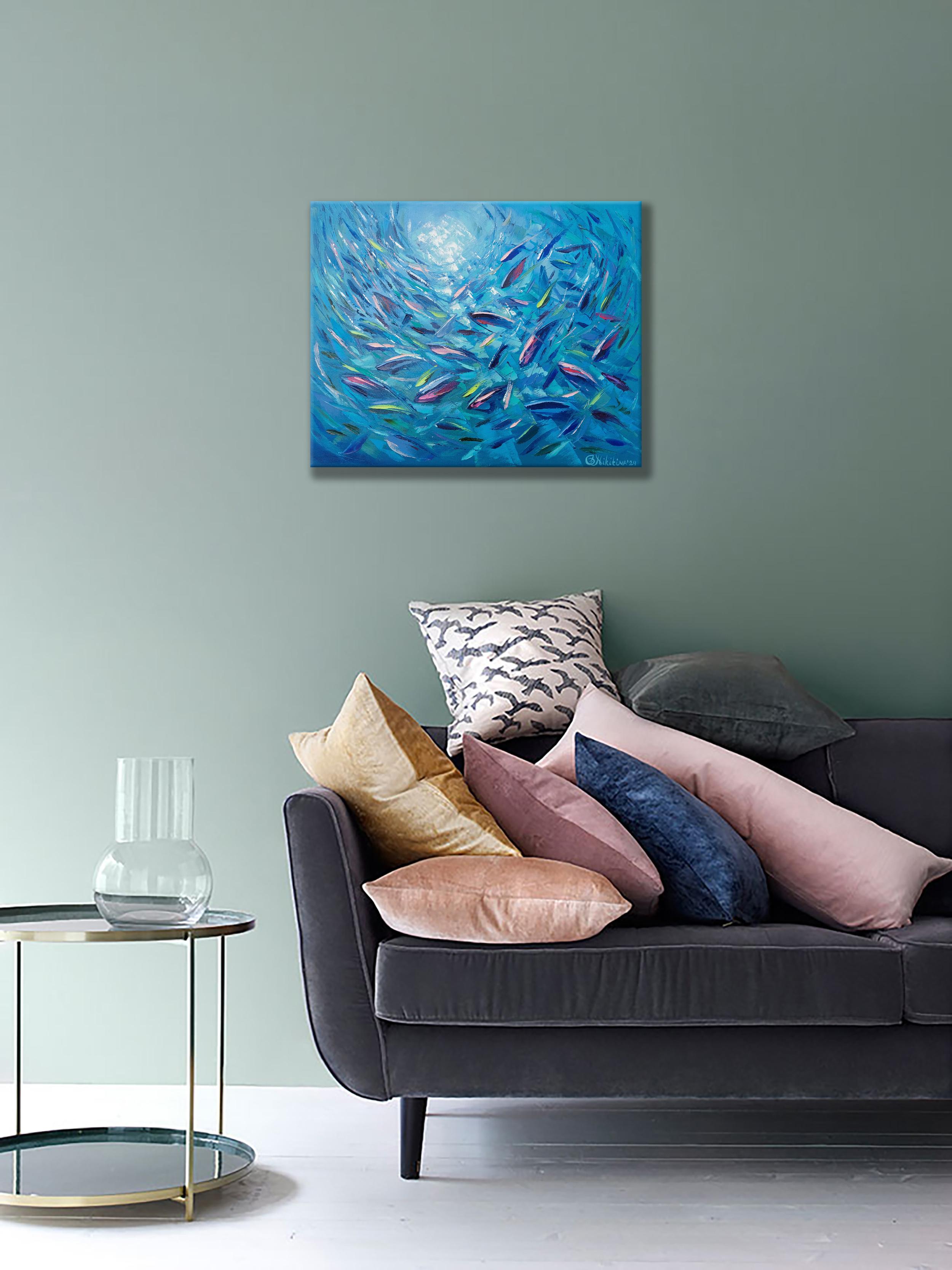 Pesce dell'Oceano Blu Movimento Pittura ad olio Tavolozza Coltello Arte 4