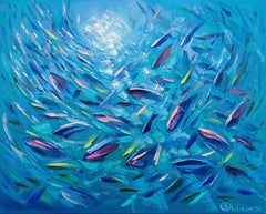 Pesce dell'Oceano Blu Movimento Pittura ad olio Tavolozza Coltello Arte