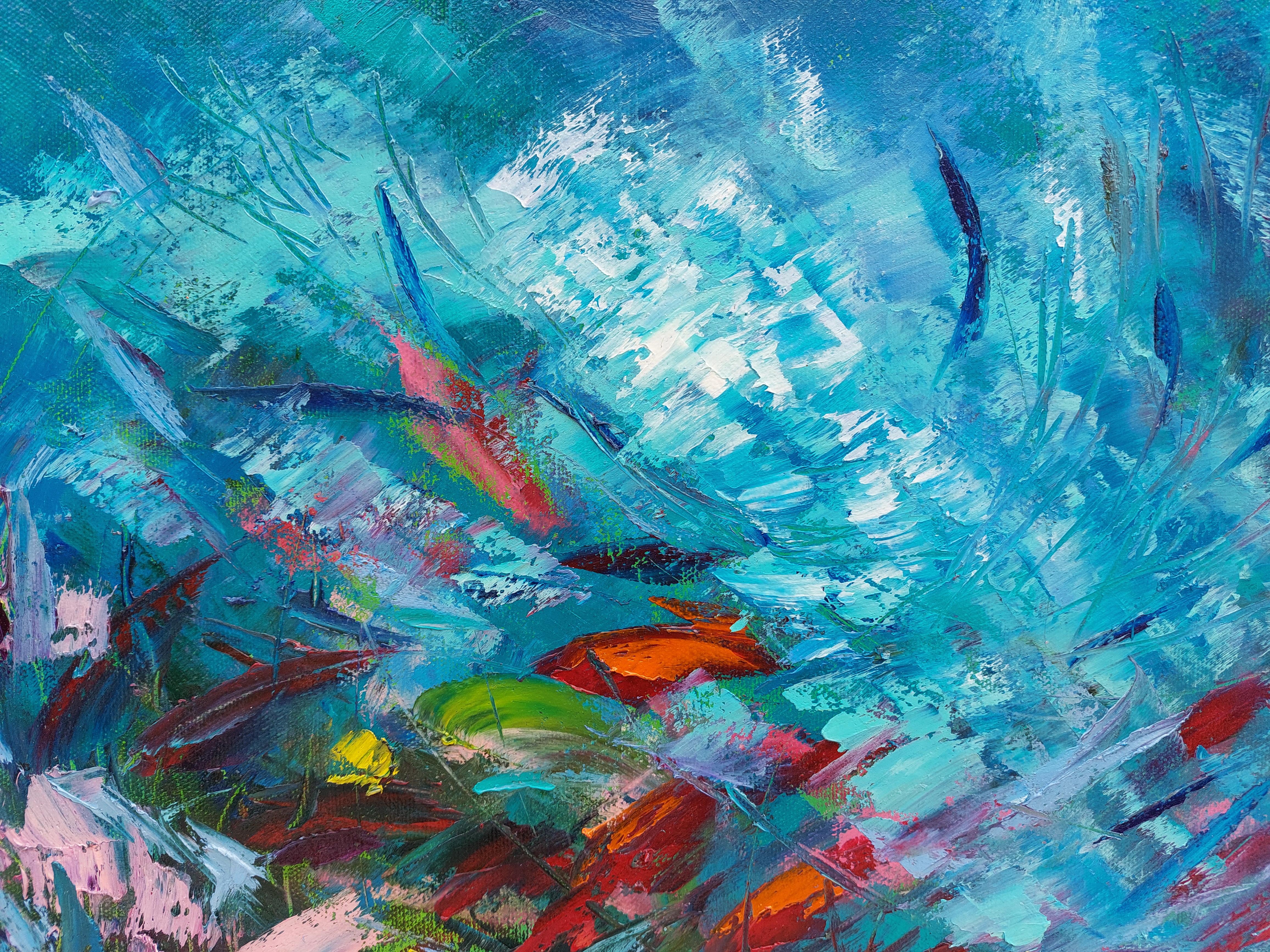 Bright Life Underwater, Gemälde, das unter Wasser in der Tiefe von 9.6 m entstanden ist – Painting von Olga Nikitina