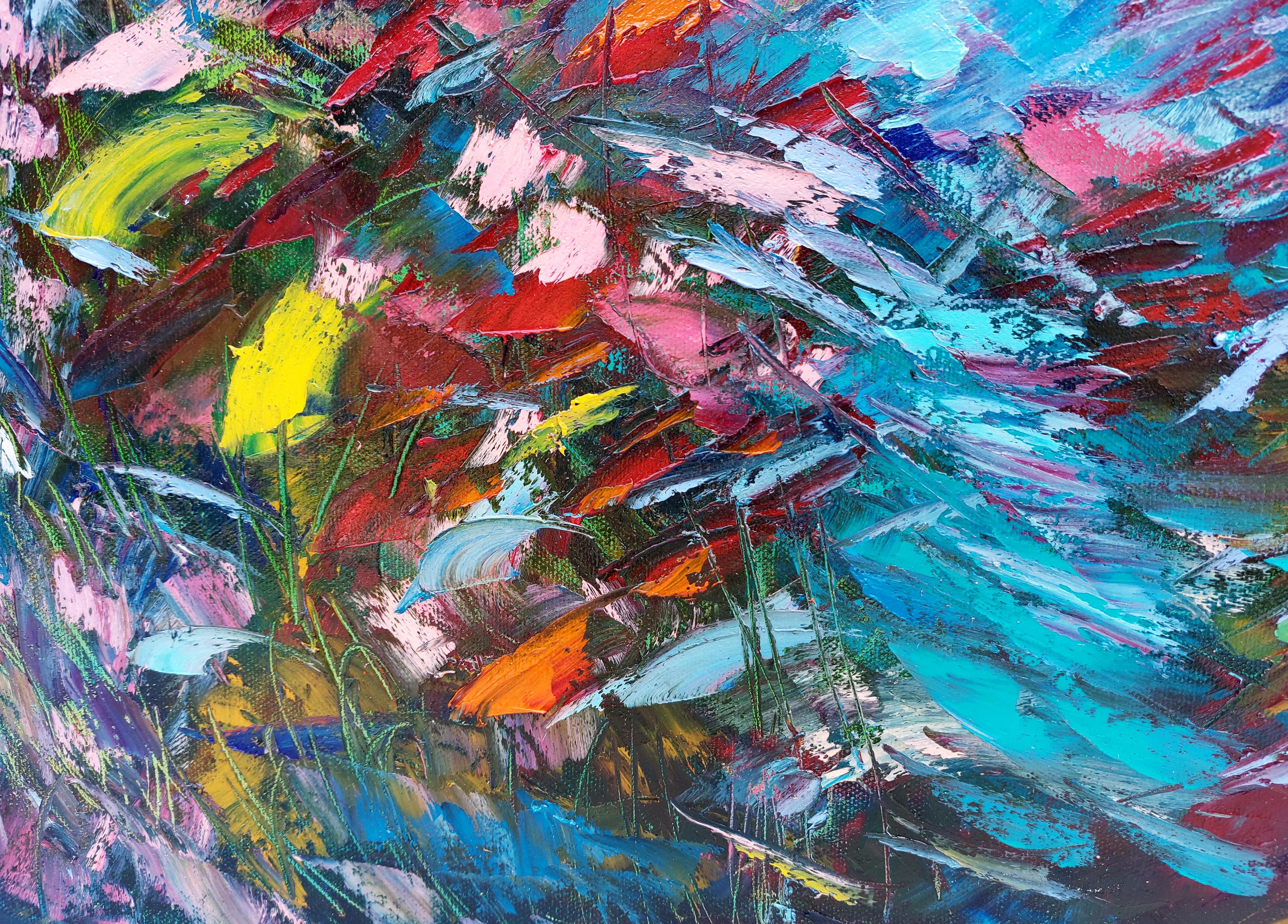 Bright Life Underwater, Gemälde, das unter Wasser in der Tiefe von 9.6 m entstanden ist (Blau), Landscape Painting, von Olga Nikitina