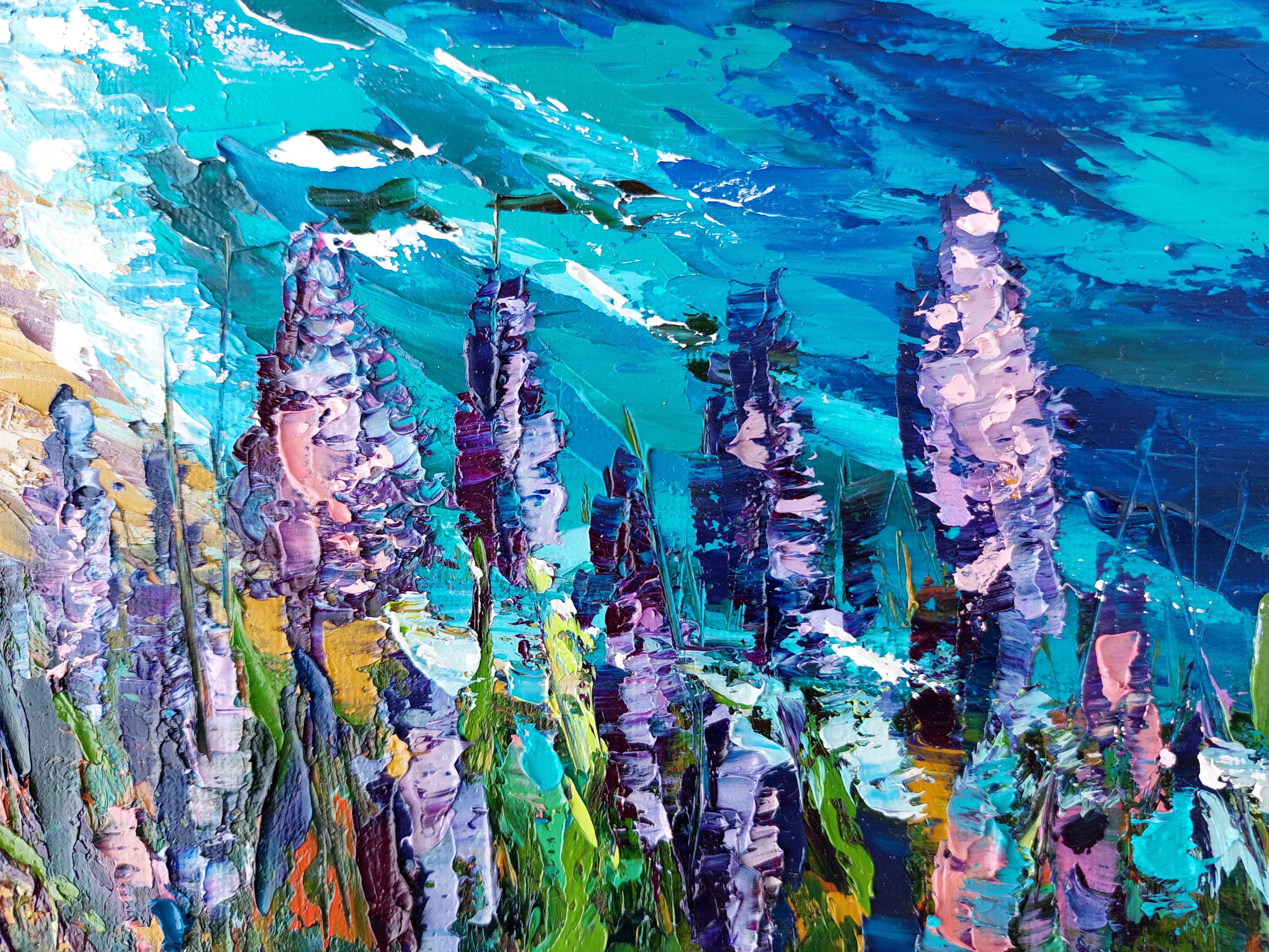 California Beach Pintura al óleo Arte original Impasto Paleta Cuchillo Arte - Landscape Painting Azul de Olga Nikitina