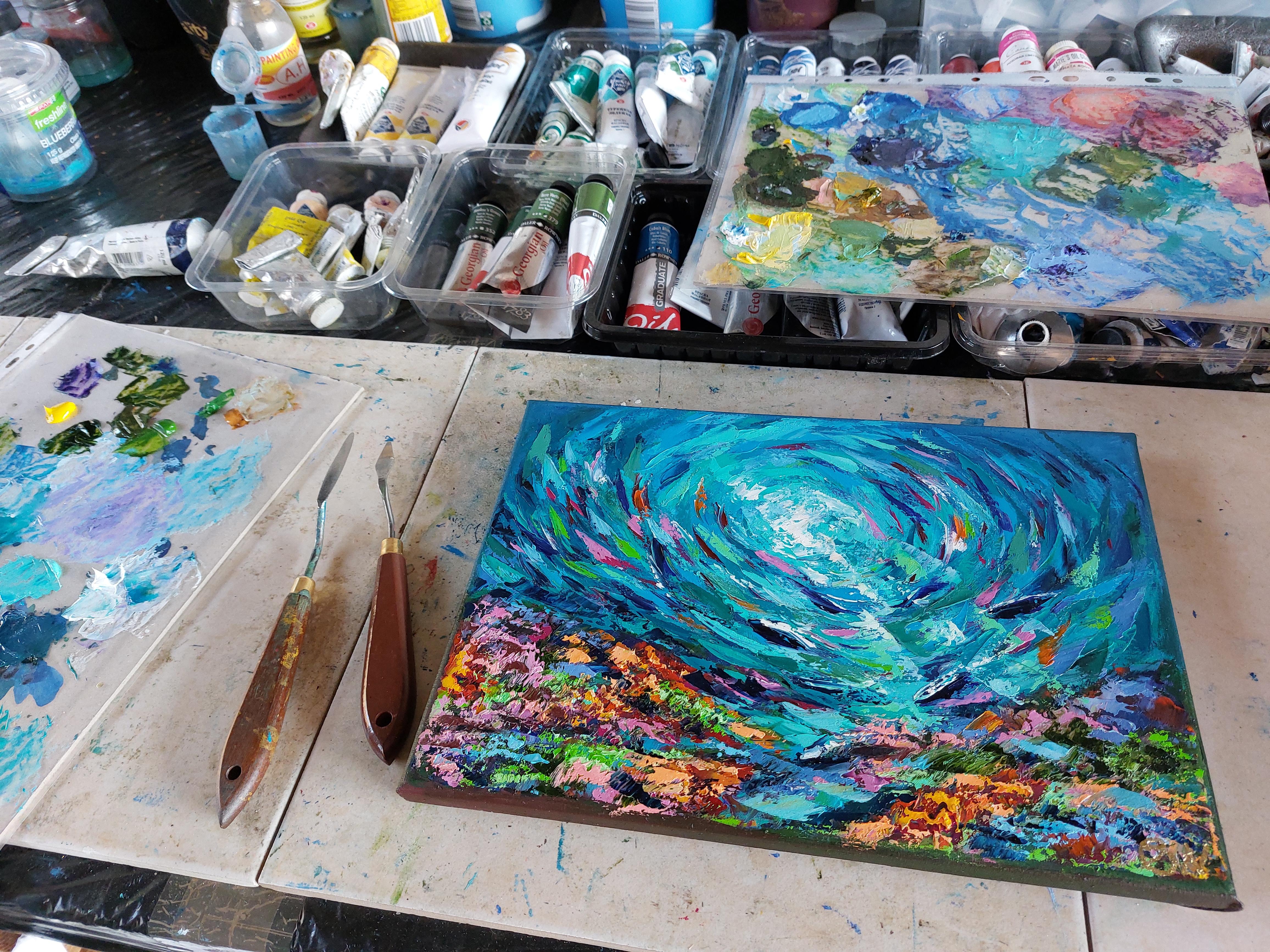 Coral Reef Fish Painting Impasto - Blue Abstract Painting by Olga Nikitina