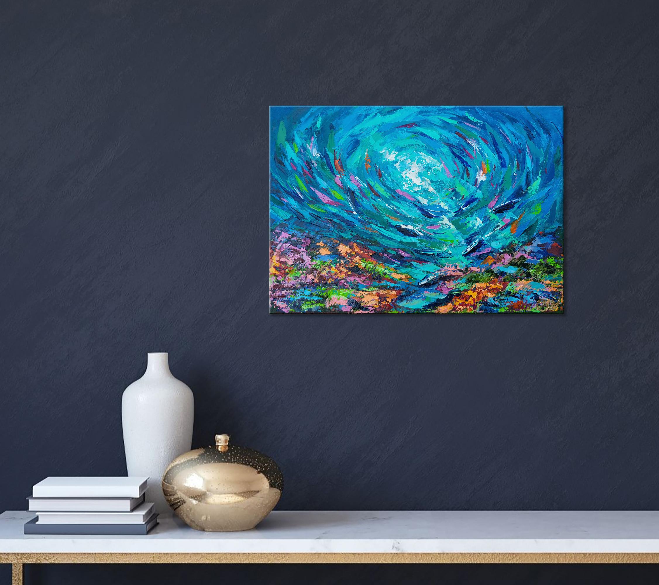* Title: Coral Reef
* Size: 12 x 8 inches
* Materials: oil, stretched canvas, palette knife
* Shipping: gallery standards packaging, express shipping
Bright abstract seascape painting will be a good addition to your original oil painting