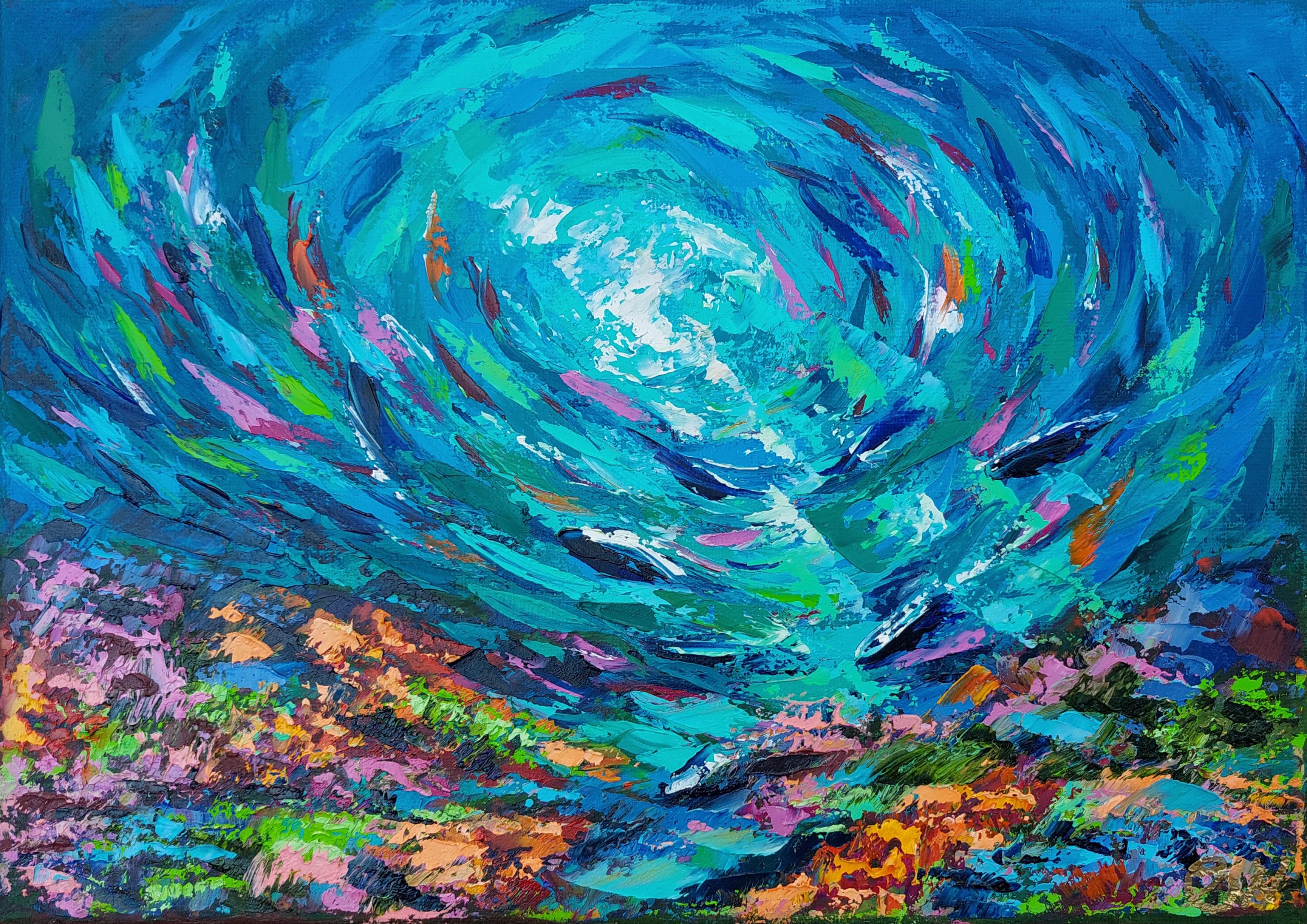 Abstract Painting de Olga Nikitina - Pintura de peces de arrecife de coral Impasto