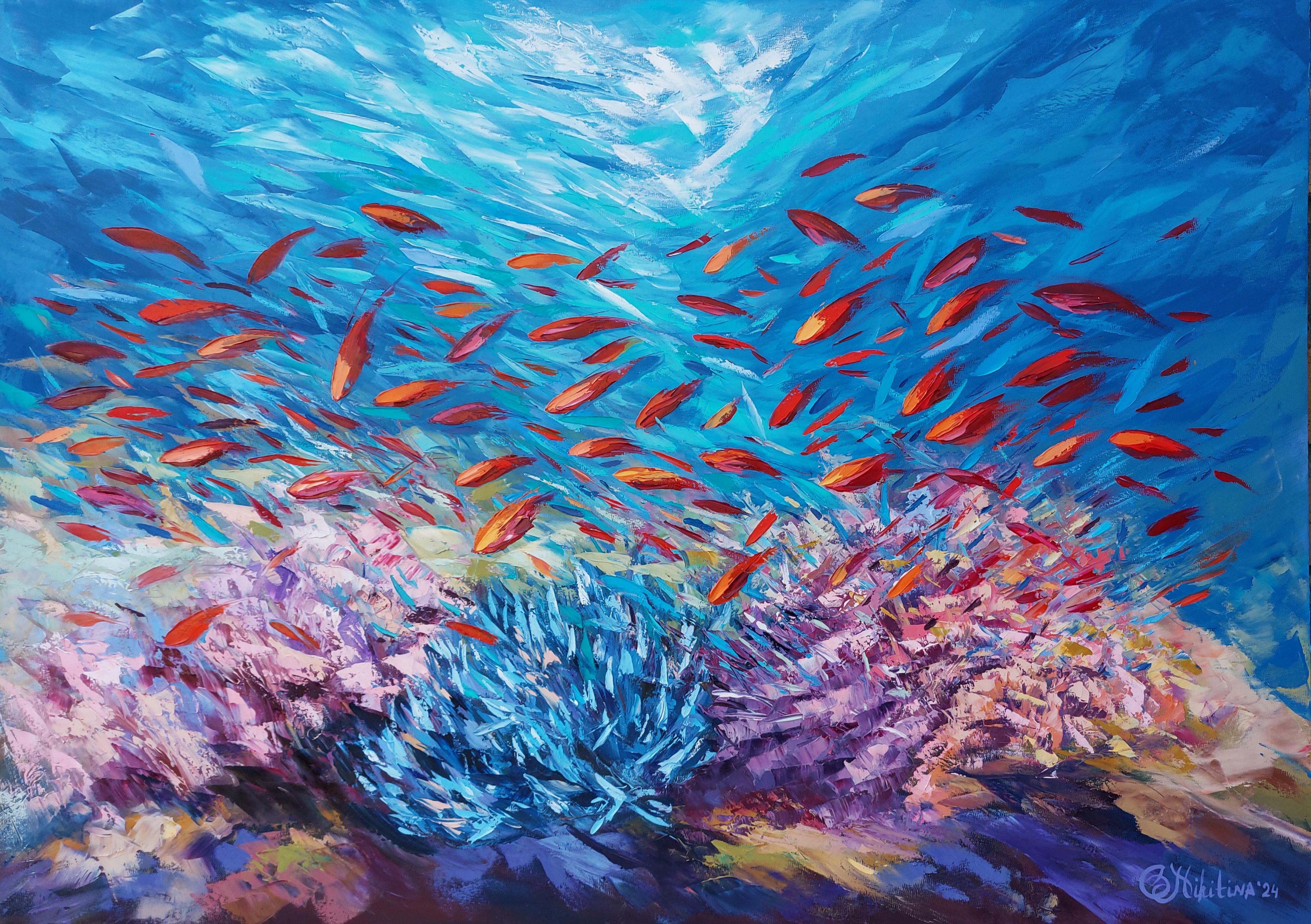 Olga Nikitina Animal Painting - Coral Reef Painting Ocean Art Underwater Seascape Original Painting