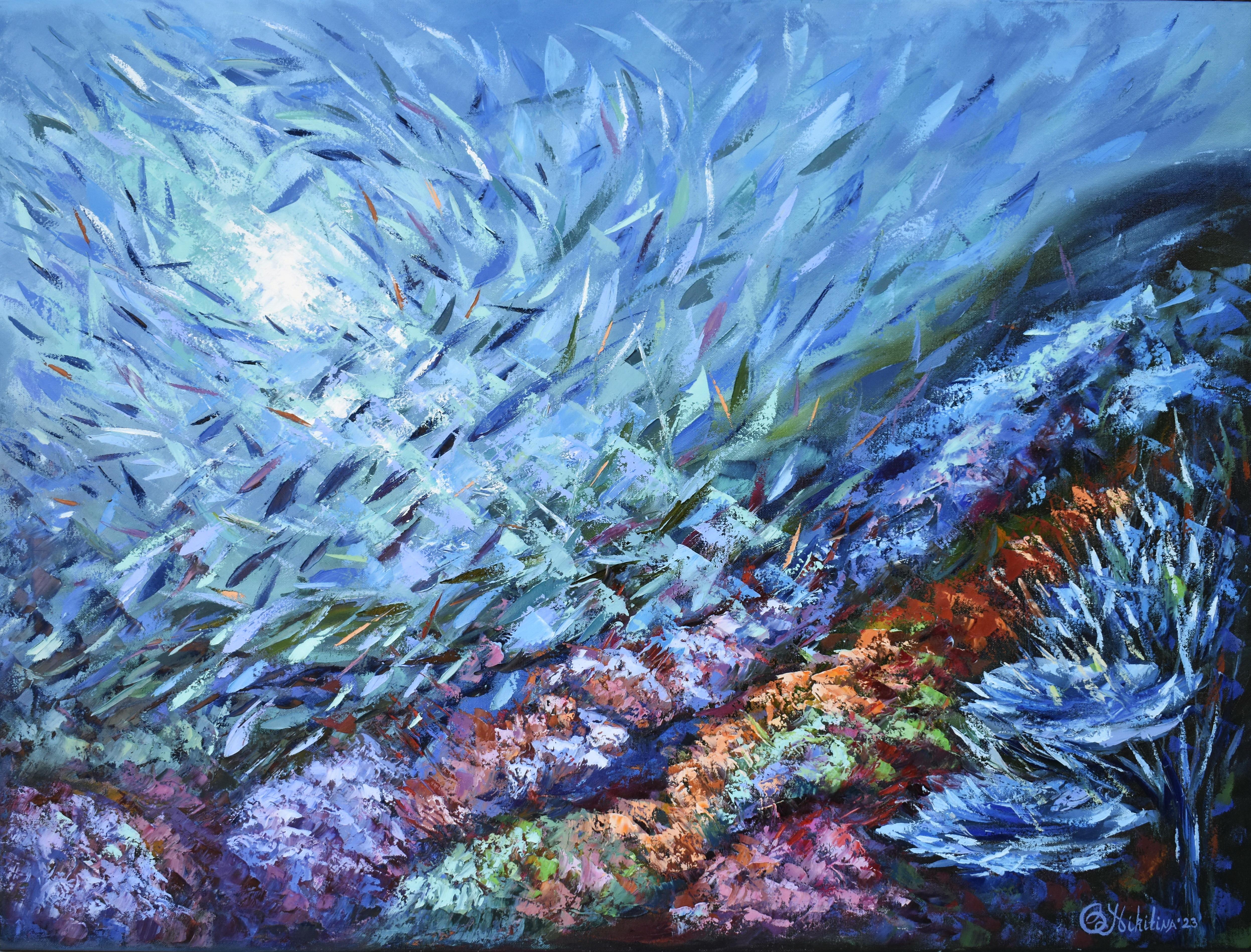 Olga Nikitina Animal Painting – Korallen-Reef-Gemälde Meereskunst Unterwasser- Meereslandschaft Original Gemälde