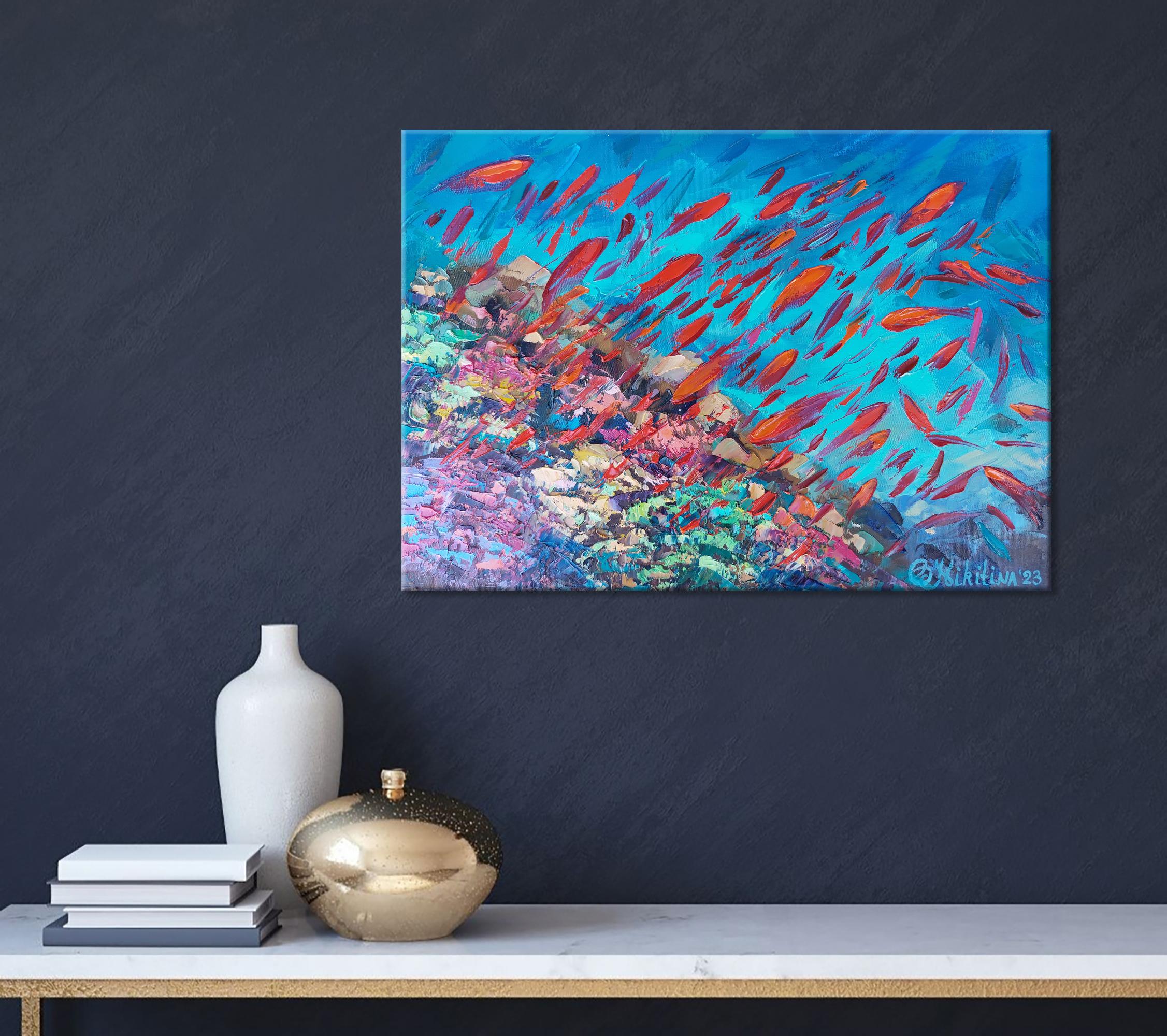 Barriera corallina con pesci rossi Pittura ad olio - Painting di Olga Nikitina