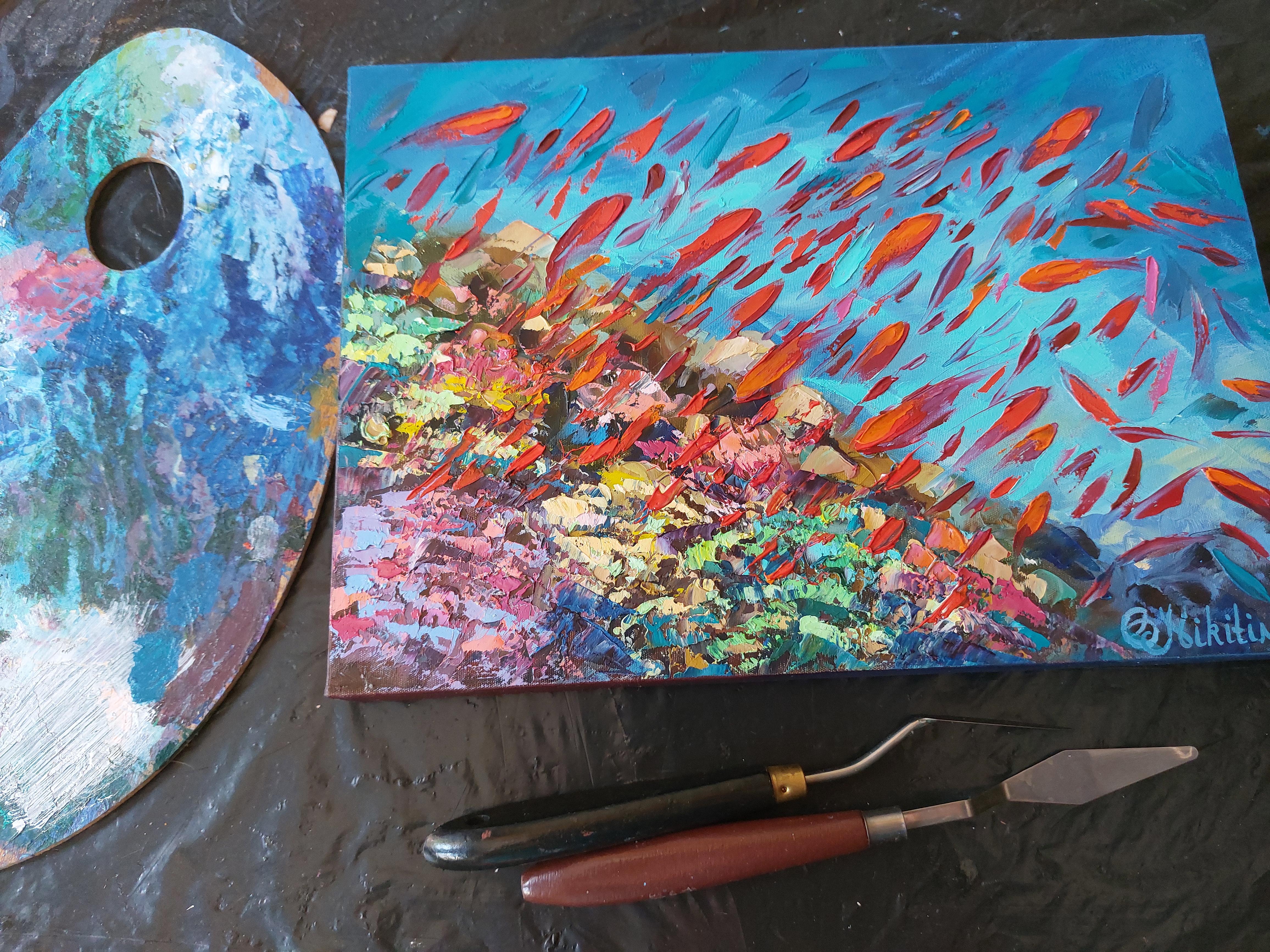 Barriera corallina con pesci rossi Pittura ad olio - Abstract Painting Blu di Olga Nikitina