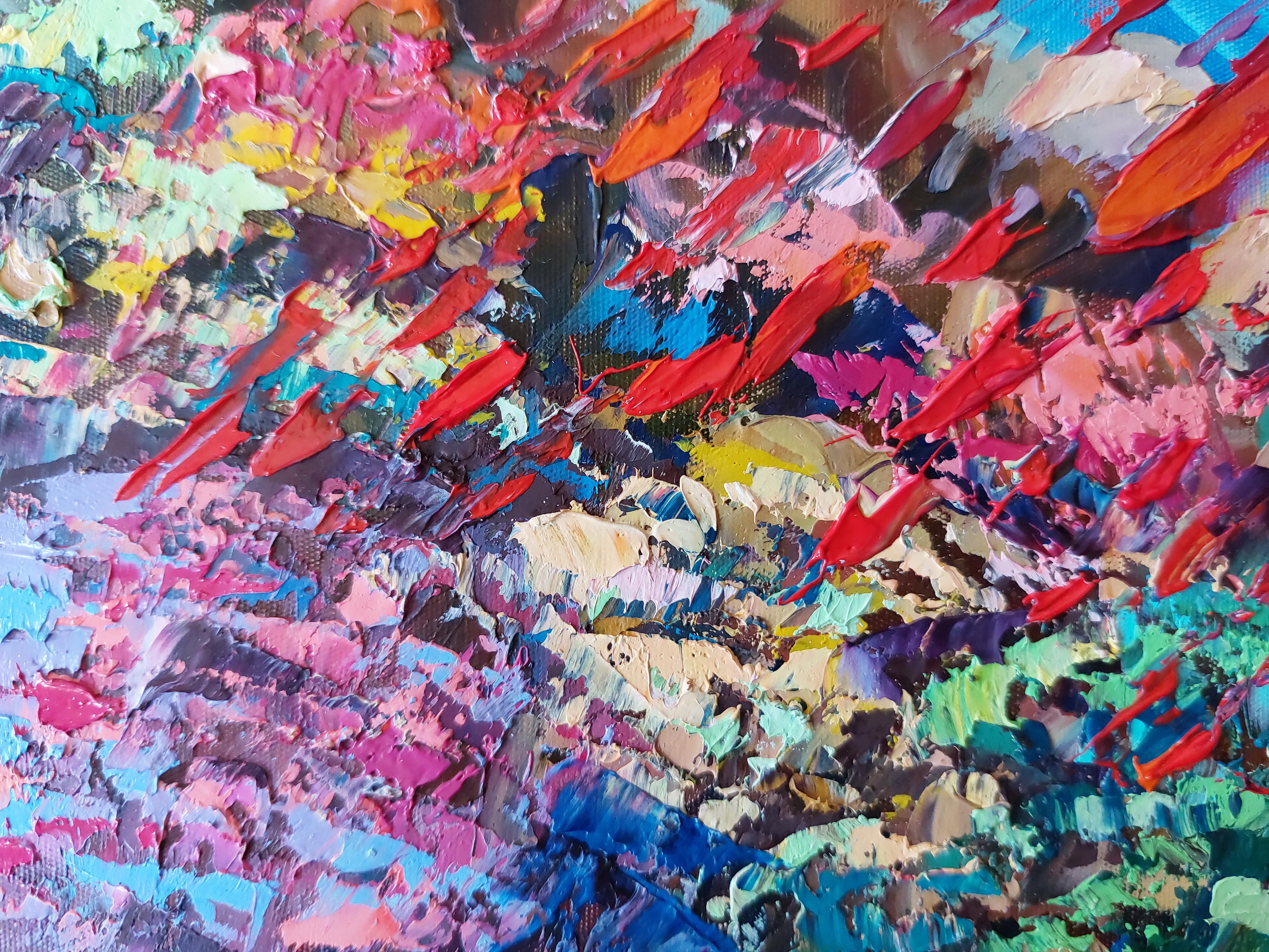 Immergiti nelle vibranti profondità di questo splendido dipinto a olio, un'accattivante esplorazione di una coloratissima barriera corallina brulicante di vita. Abilmente realizzato su tela tesa, l'artista impiega una tecnica dinamica a spatola,