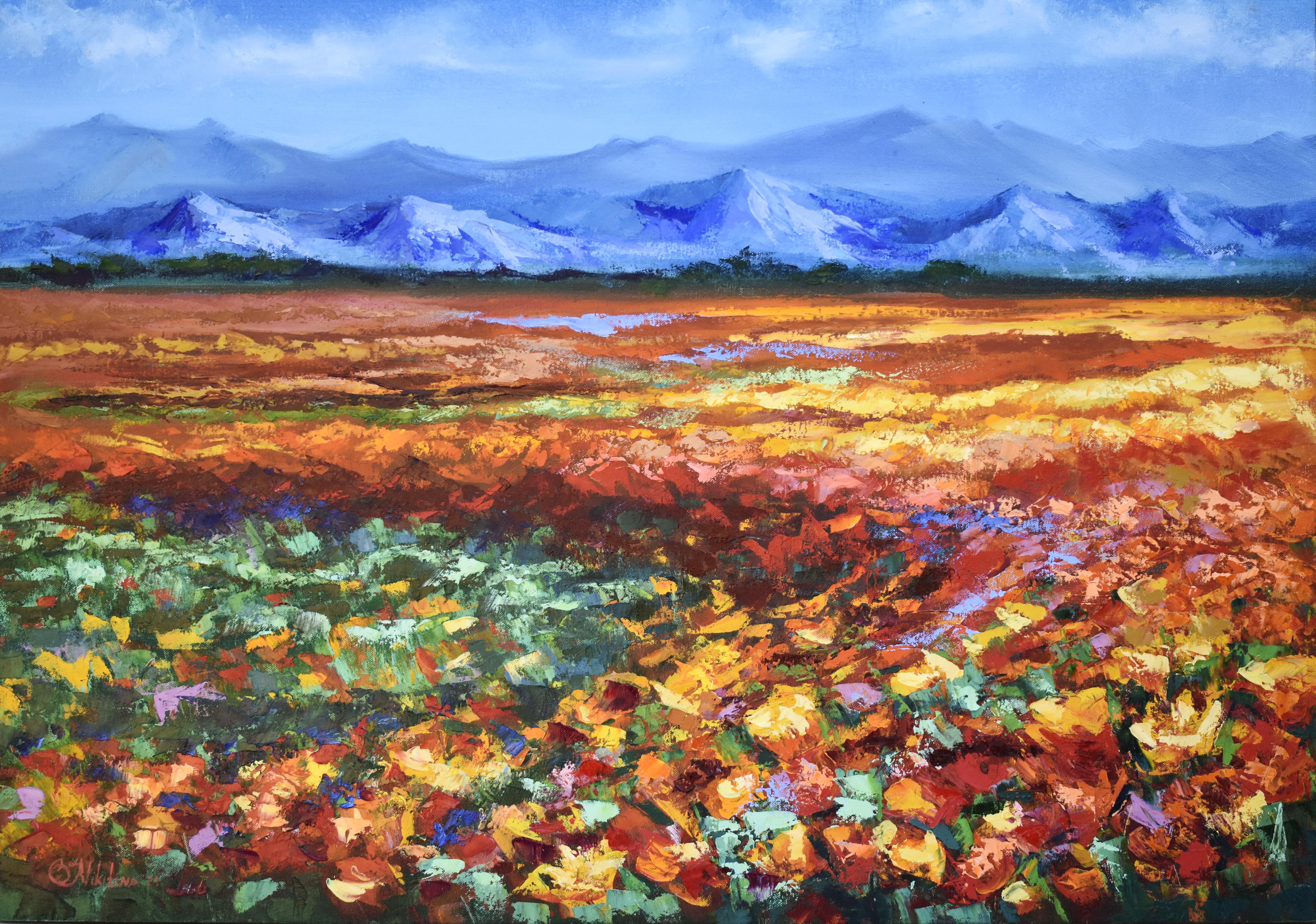 Crimson Bloom Across the Valley, peinture à l'huile d'un grand paysage abstrait