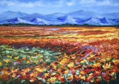 Crimson Bloom Across the Valley, Large Abstract Landscape Oil Painting