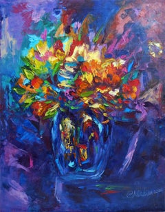 Daisy Flowers in Vase Expressionism Style Oil Painting