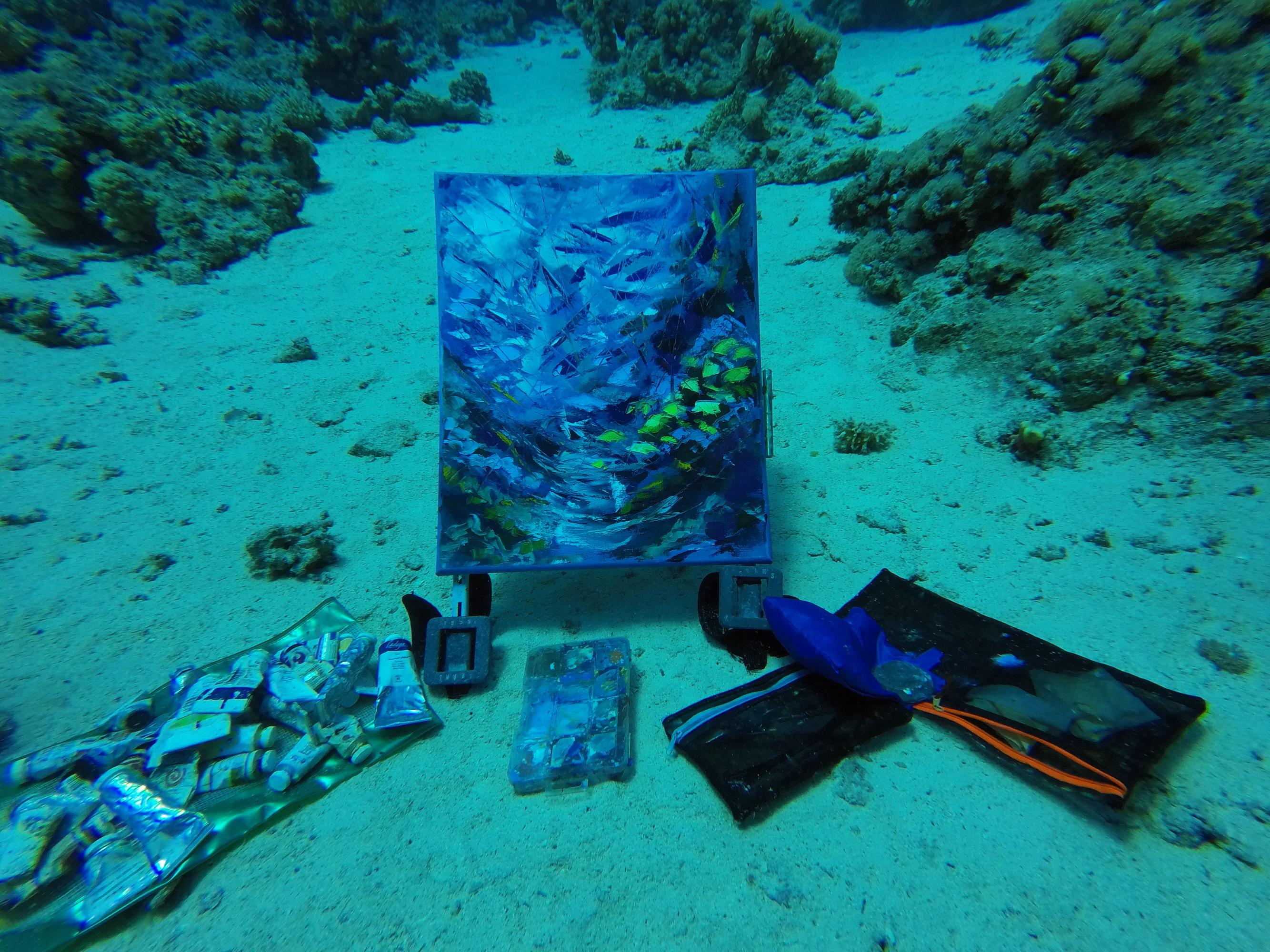 Underwater painting a new fast growing direction in contemporary art. Artwork was crated underwater at the depth of  15.3 meters, underwater painting session 55 minutes. It is intuitive painting, based on feelings and emotions in the particular